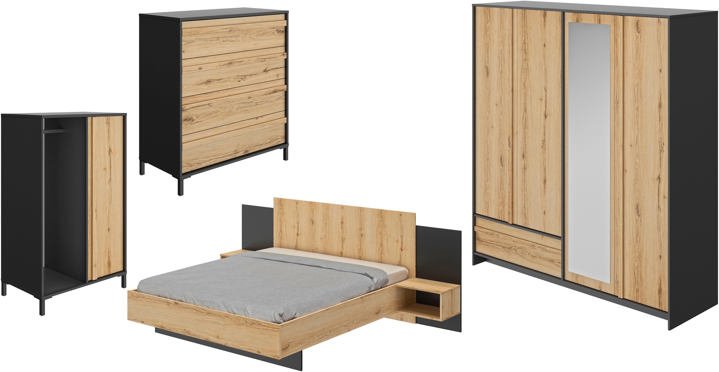 Gami Schlafzimmer-Set "Mimizan", (4 tlg., Bett, 2x Nachttische, Kleiderschrank, Kommode, Garderobenschrank)