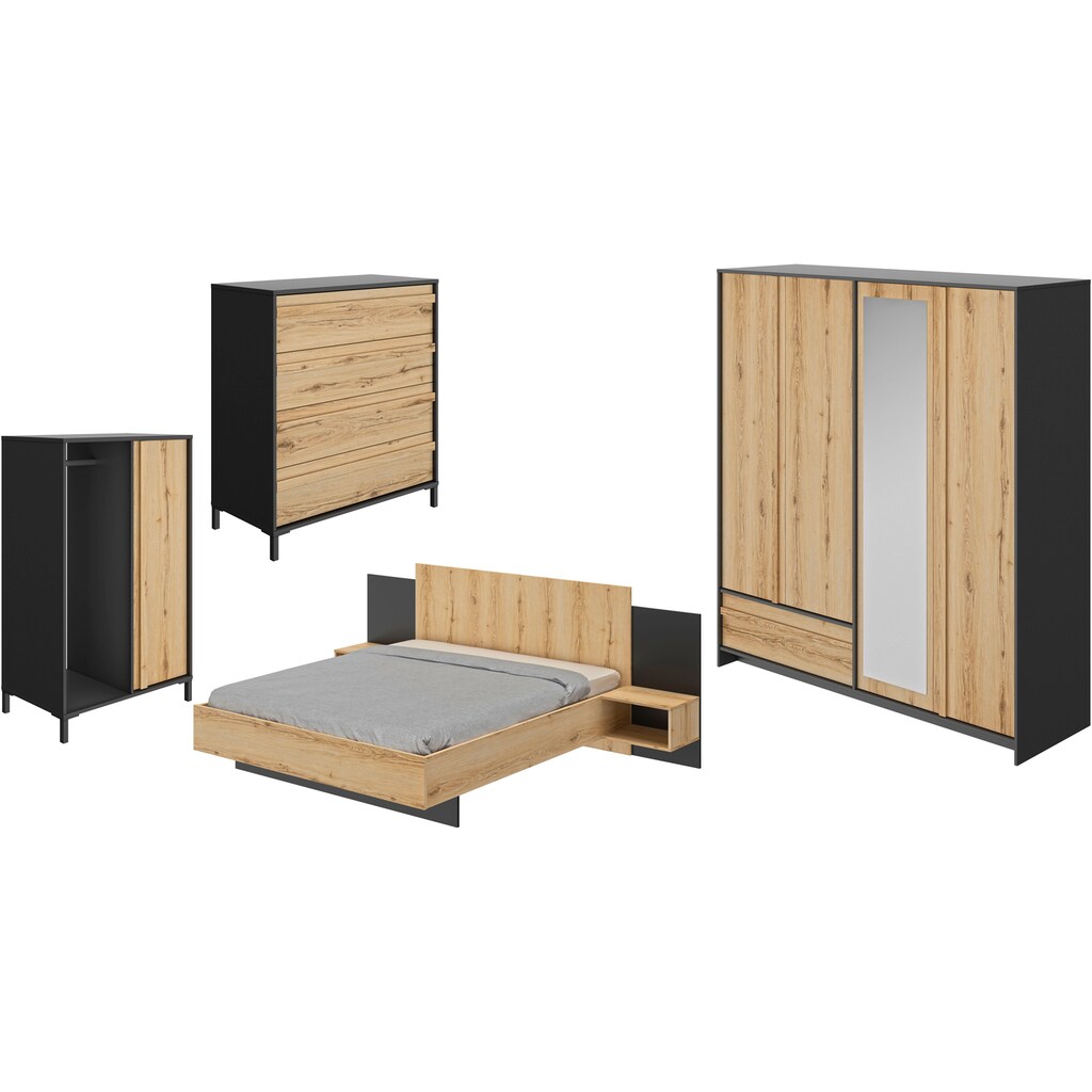 Gami Schlafzimmer-Set »Mimizan«, (4 St., Bett, 2x Nachttische, Kleiderschrank, Kommode, Garderobenschrank)