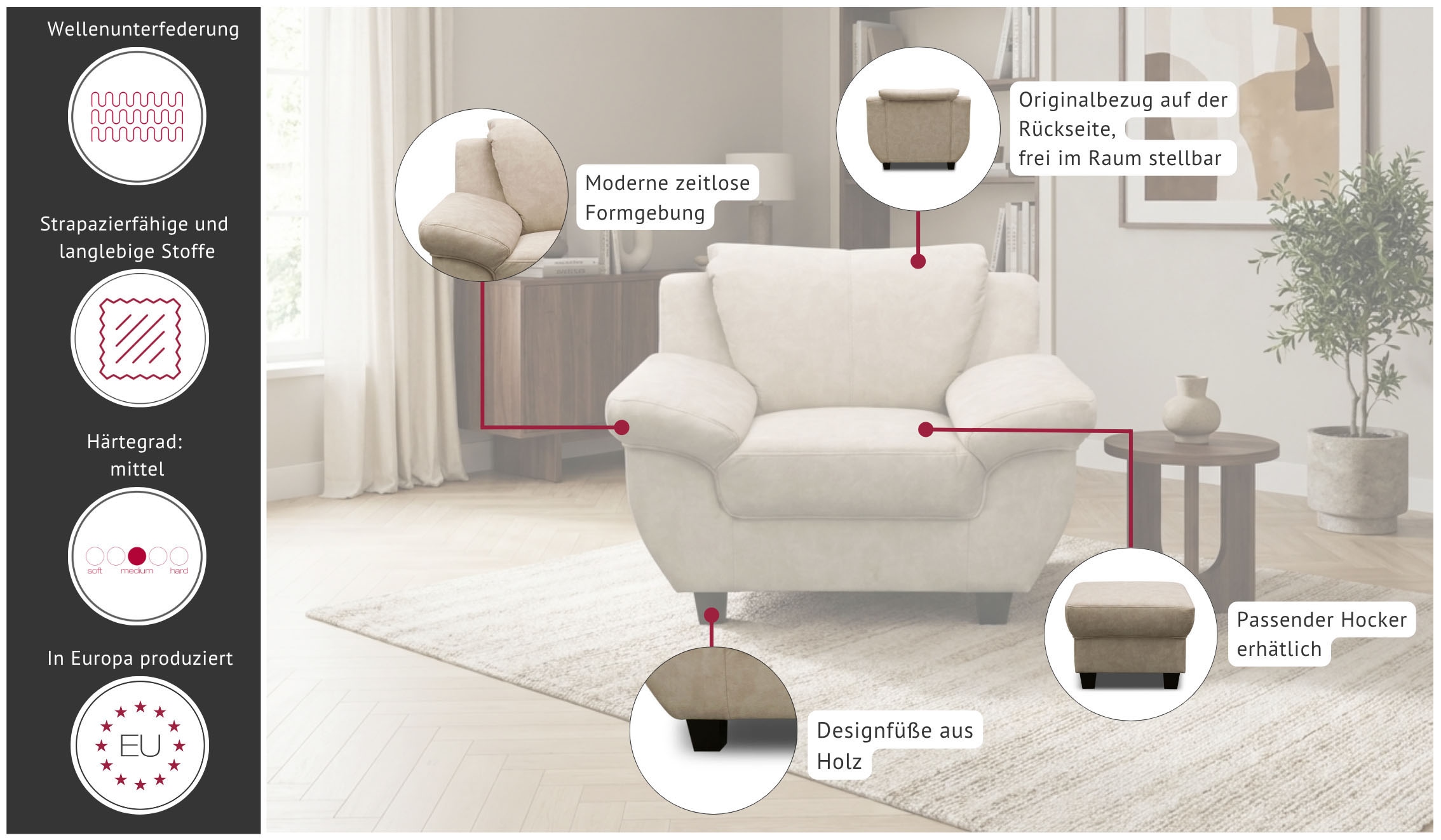 OTTO home Sessel »Silkeborg Sitzbreite: 49 cm, gemütlich und formschön« aus pflegeleichtem, weichem Luxus-Microfaser