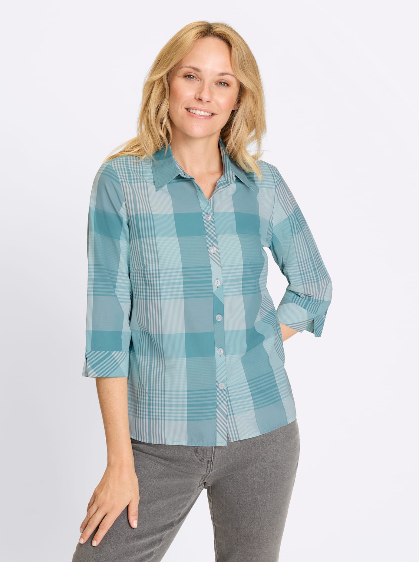 CLASSIC BASICS Damen Karobluseozean, weiß, kariert, Gr. 52, gemustert, kariert, mehrfarbig, 50% Baumwolle, 50% Polyester, Blusen