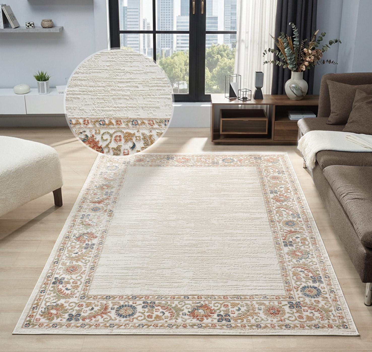 OTTO home Teppich "Fennia, Blumen-Motiv" rechteckig 7 mm Höhe Bordüre, Floral, meliert, Wohnzimmer, Schlafzimmer, Esszimmer
