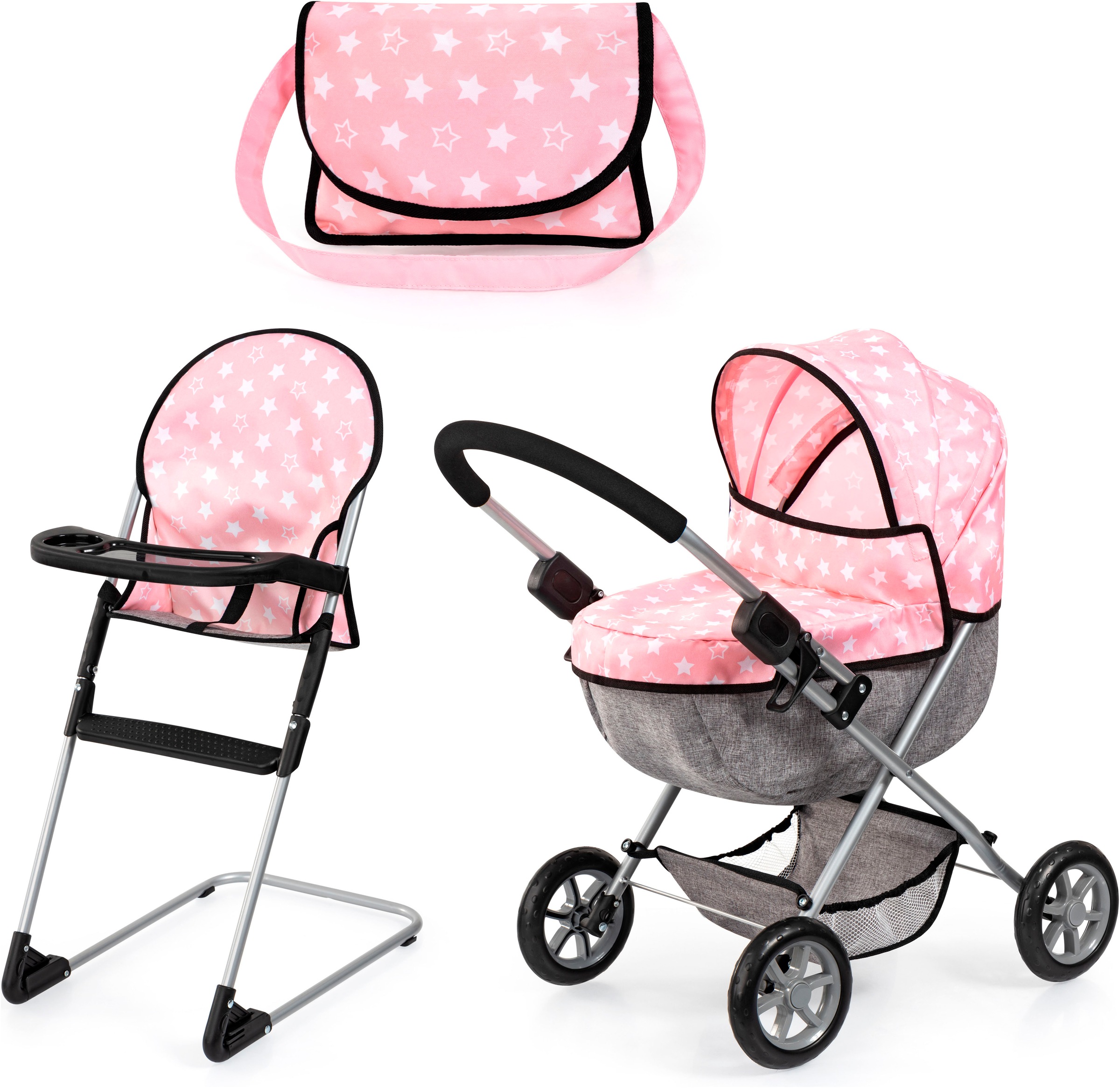 Bayer Puppenwagen »Cosy Set, rosa«, mit Puppenhochstuhl und Wickeltasche