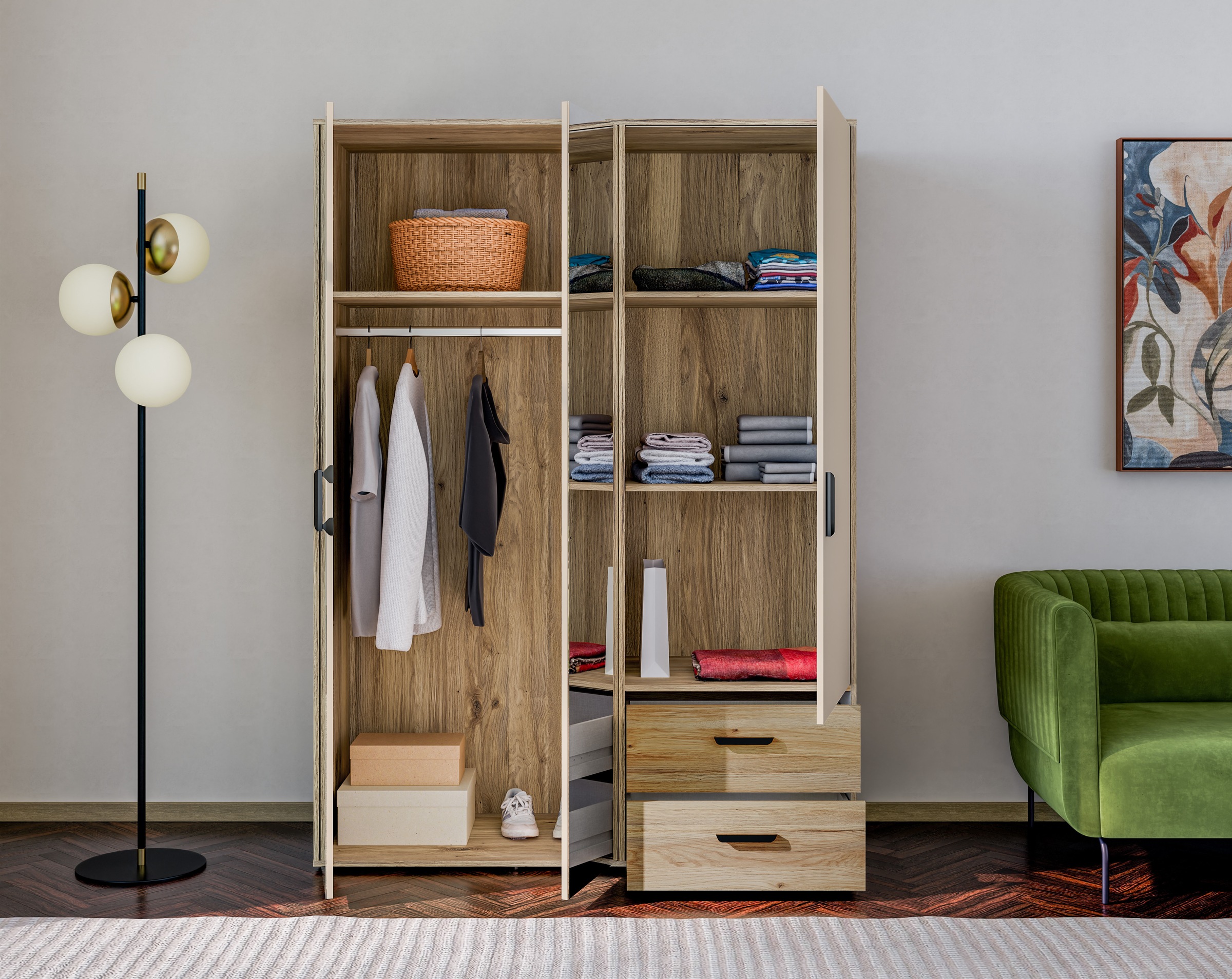 FORTE Drehtürenschrank »Schrank mit Spiegel, zeitloses Design, 3türig« viel Stauraum, Schubladen, Spiegeltürenm Höhe 200 cm