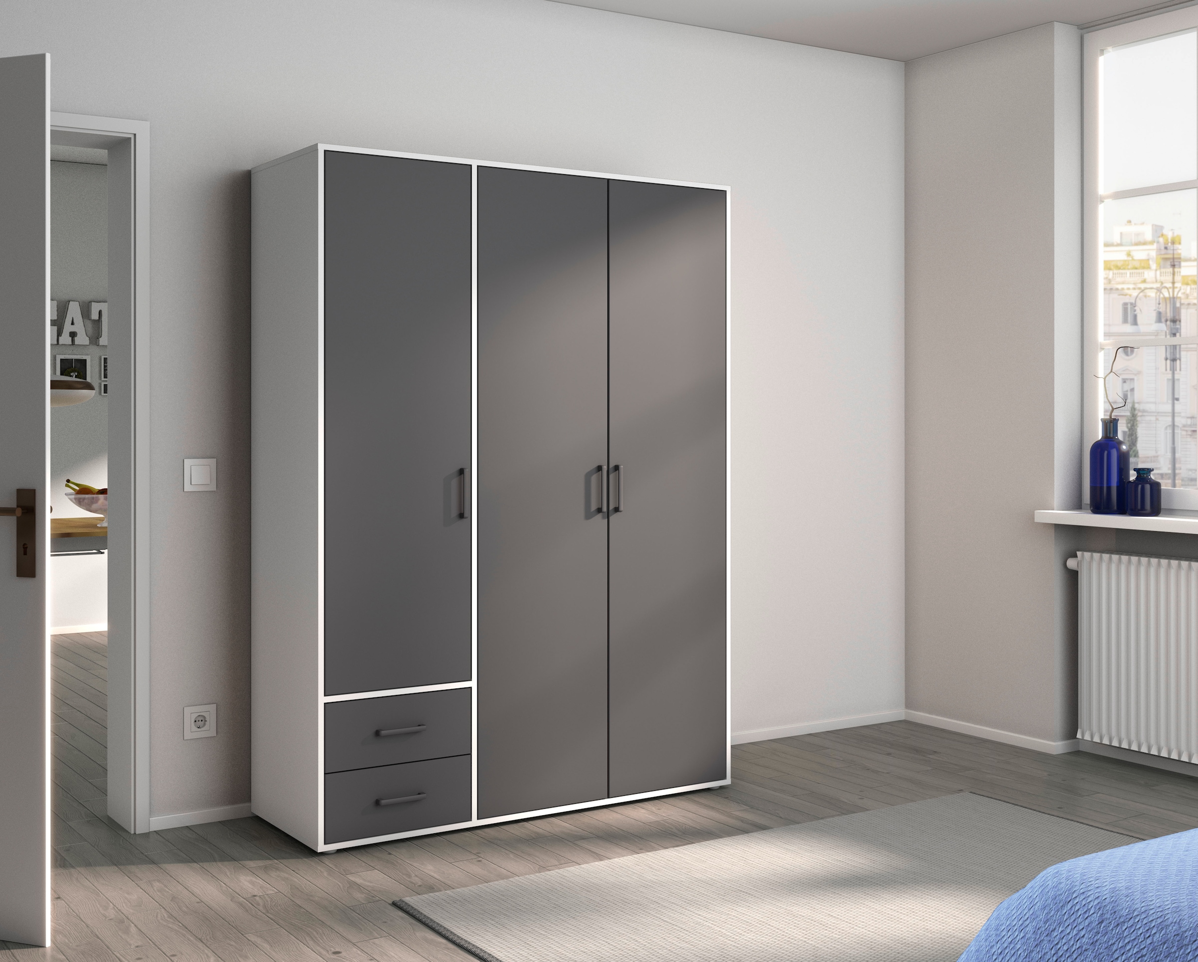 rauch Drehtürenschrank »Kleiderschrank Schrank Garderobe Wäscheschrank VOYAGER«, (in 3 verschiedenen Ausstattungen BASIC/CLASSIC/PREMIUM), moderne Griffe in Graumetallic mit Außenschubkästen MADE IN GERMANY
