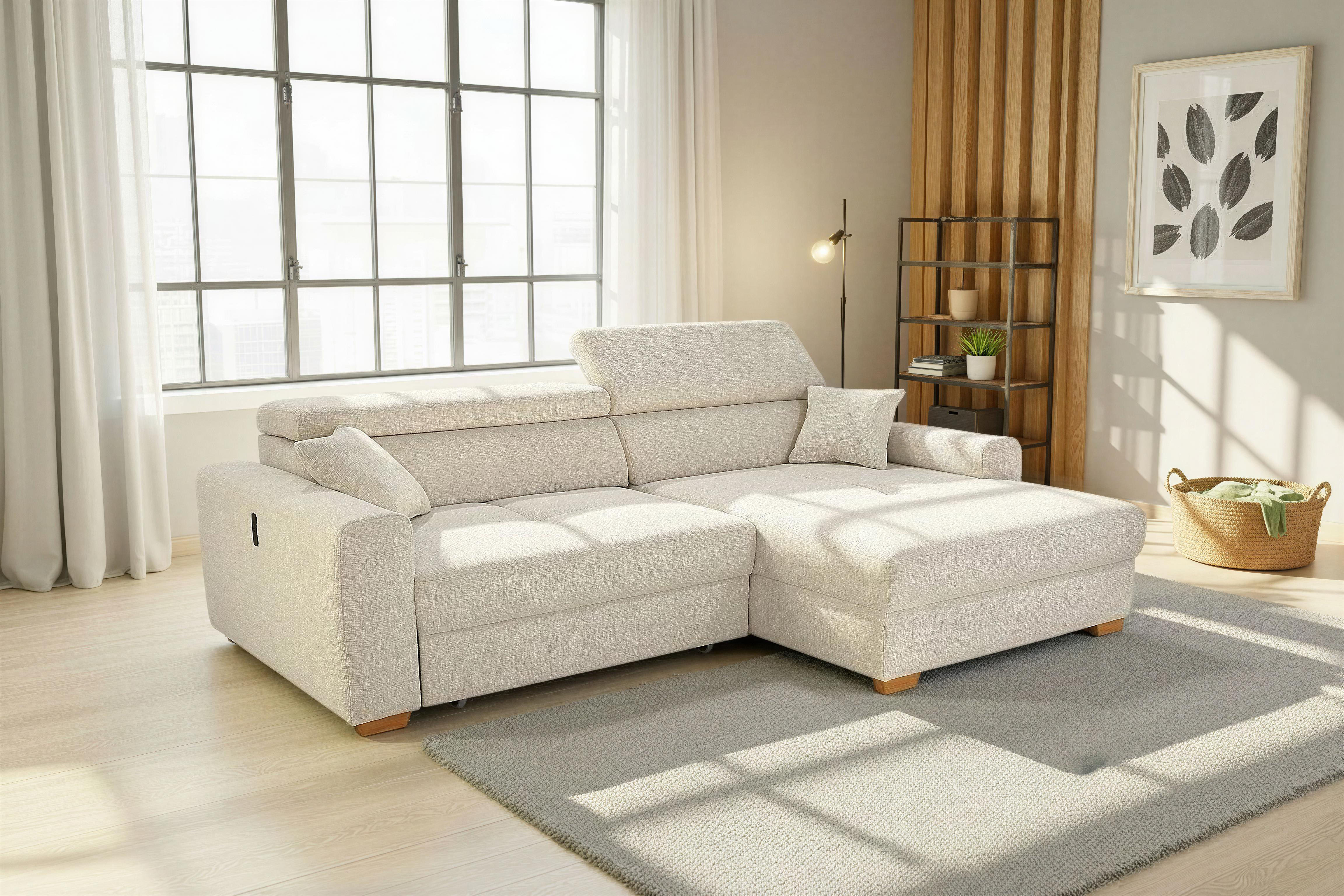 Jockenhöfer Gruppe Ecksofa "Slider L-Form, B: 277 cm Couch, 60cm elektrische Sitztiefenverstellung" 140kg Belastbarkeit, USB-Anschluss, Kopfteilverstellung & Zierkissen