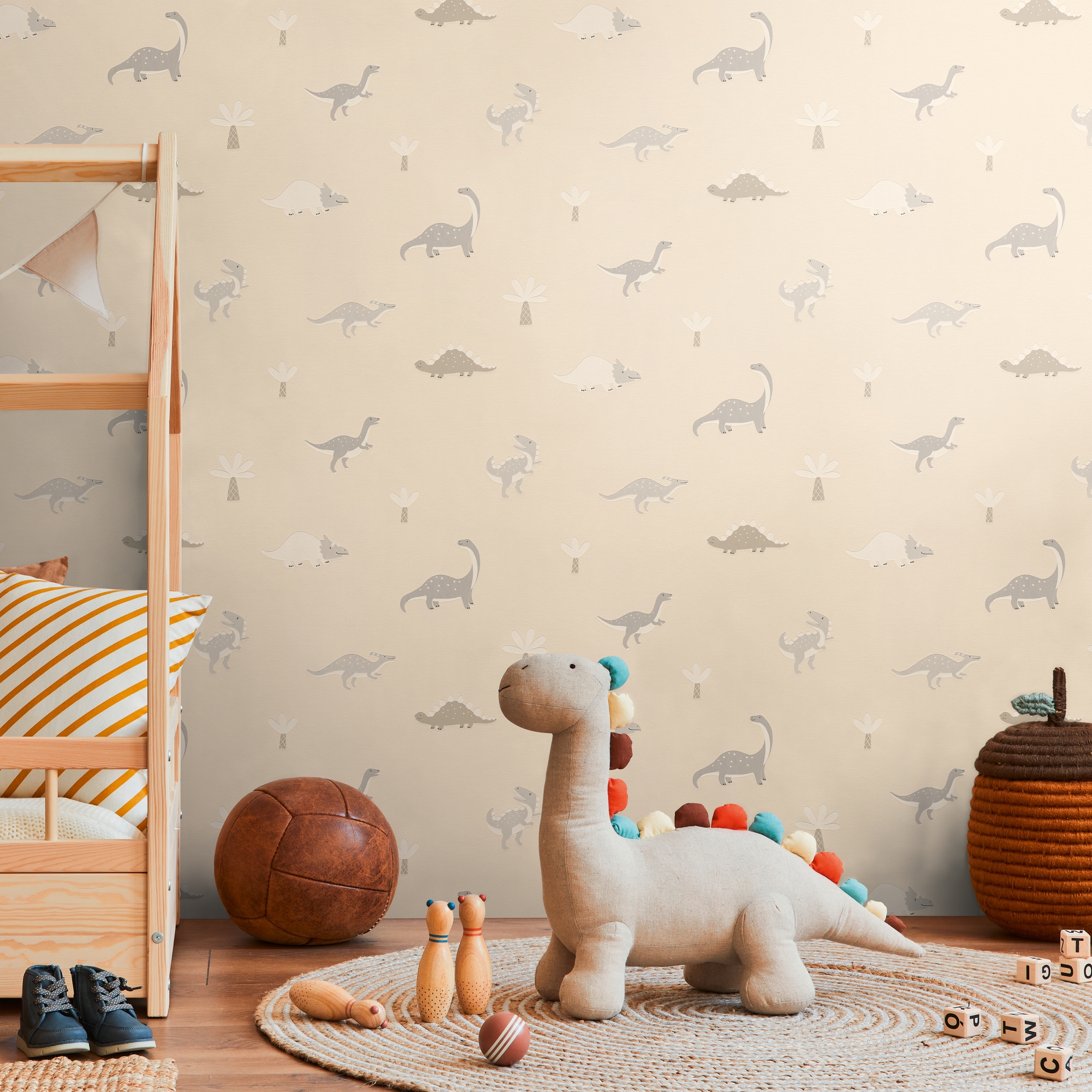 living walls Vliestapete "Kids Studio Dinosaurier – Vliestapete für Kinder" Motiv grafisch naturalistisch glatt Freundliche Dinosaurier und Palmen im modernen Scandi-Look