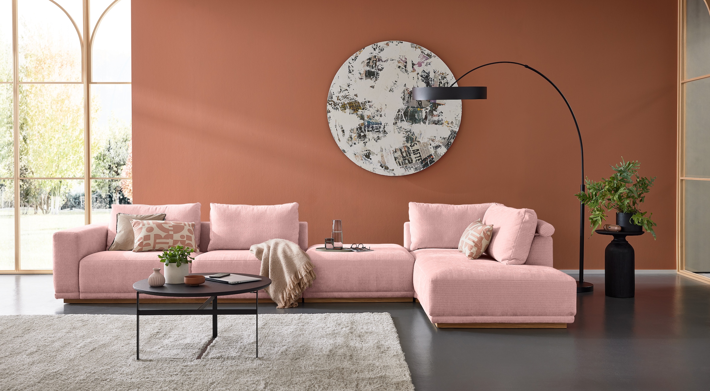 Musterring Wohnlandschaft "JustB PM200 bequem, wahlw. Sitzvorzug, Breite 395cm, Holzsockel" Anreihsofa Armteil links, Eckteil rechts und Hocker. Elekt. Sitzvorzug