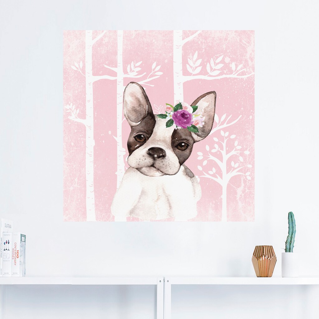 Artland Wandbild »Mops Hund mit Blumen im pink Wald«, Tiere, (1 St.)