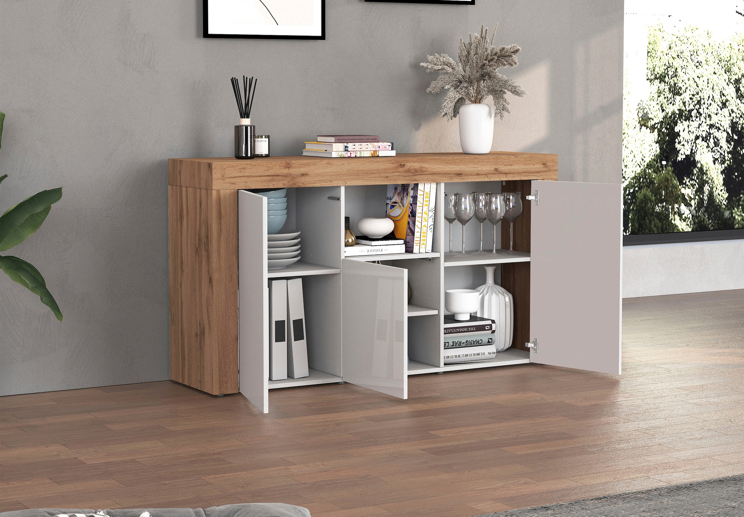 OTTO home Sideboard »CHRONOS Breite 155 cm mit 3 Türen, 1 offenes und 6 geschlossene Fächer« 1 Stk. tlg. Sideboard,Kommode, Schrank, Grifflos mit Push to Open, Made in Italy