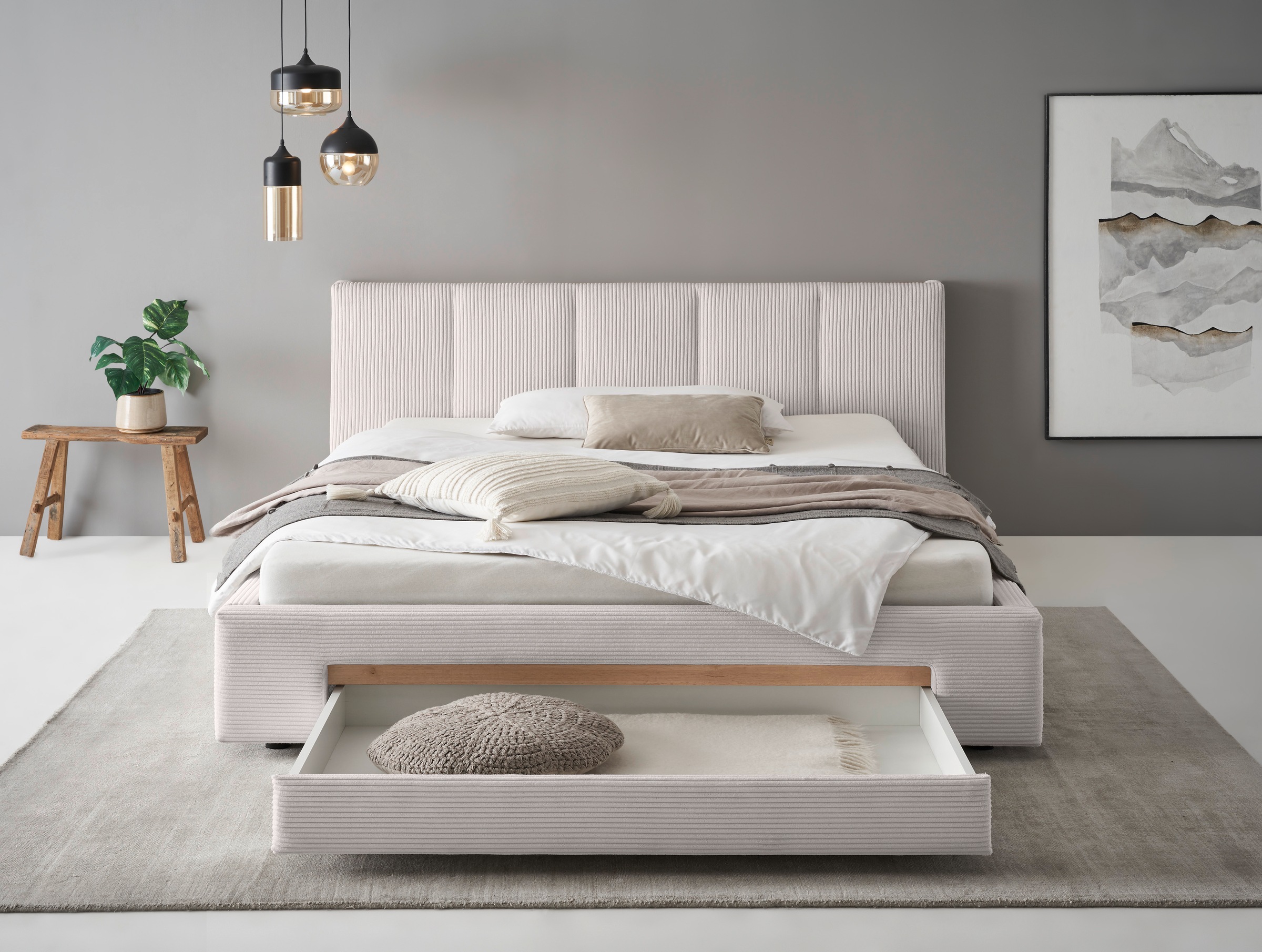 Home affaire Polsterbett »CiTY/GiRON, Bettgestell mit Bettkasten, gepolstertes Stauraumbett« mit Hundebett oder Stauraumschublade, Bezug Cord-oder Leinenoptik