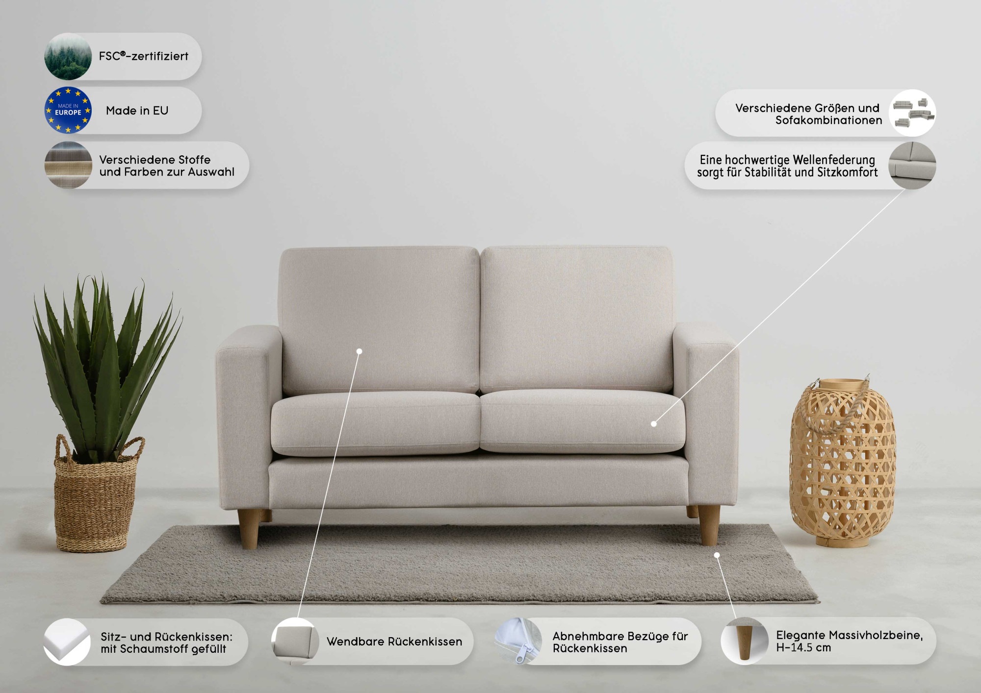 Thumbnail - OTTO home 2-Sitzer "Tvinno" im skandinavischen Stil, mit Massivholzfüßen, Breite 155 cm