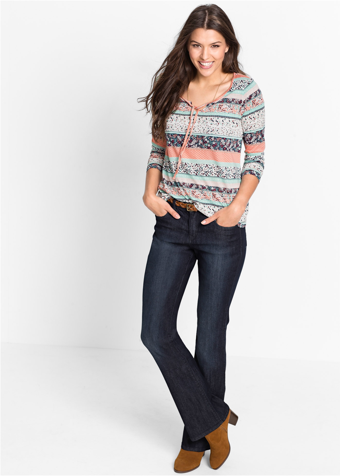 bonprix Tunikashirt Langarm, mit Bindeband am Ausschnitt