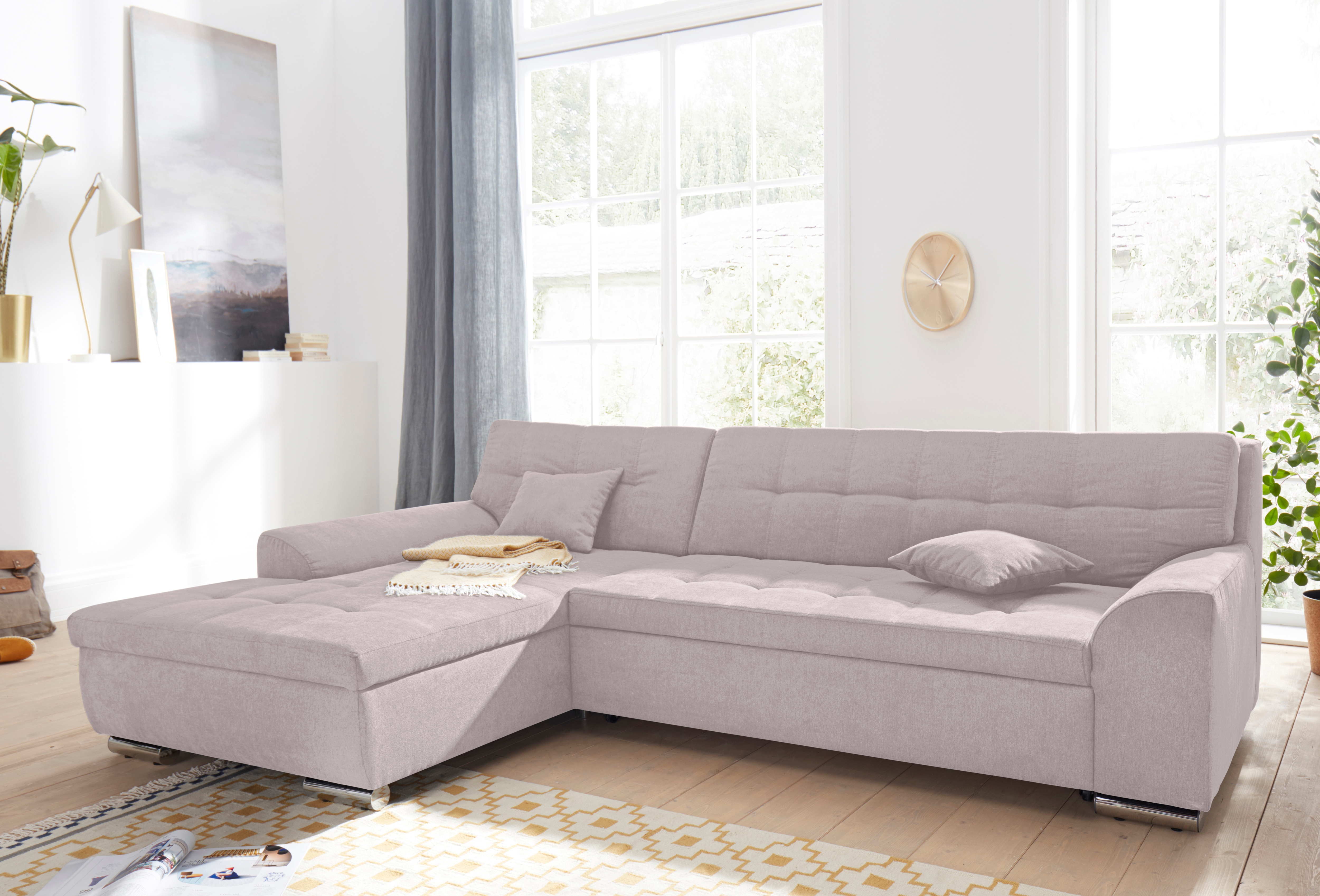 DOMO collection Ecksofa "Aversa, moderne Steppung, geschwungene Armlehnen, Breite 267cm" L-Form, wahlweise mit Bettfunktion