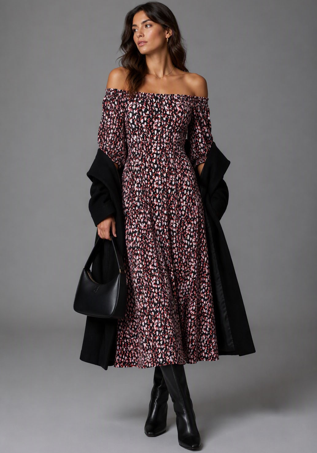 Bruno Banani Maxikleid mit Carmen-Ausschnitt und Halbarm, in geblümter Optik