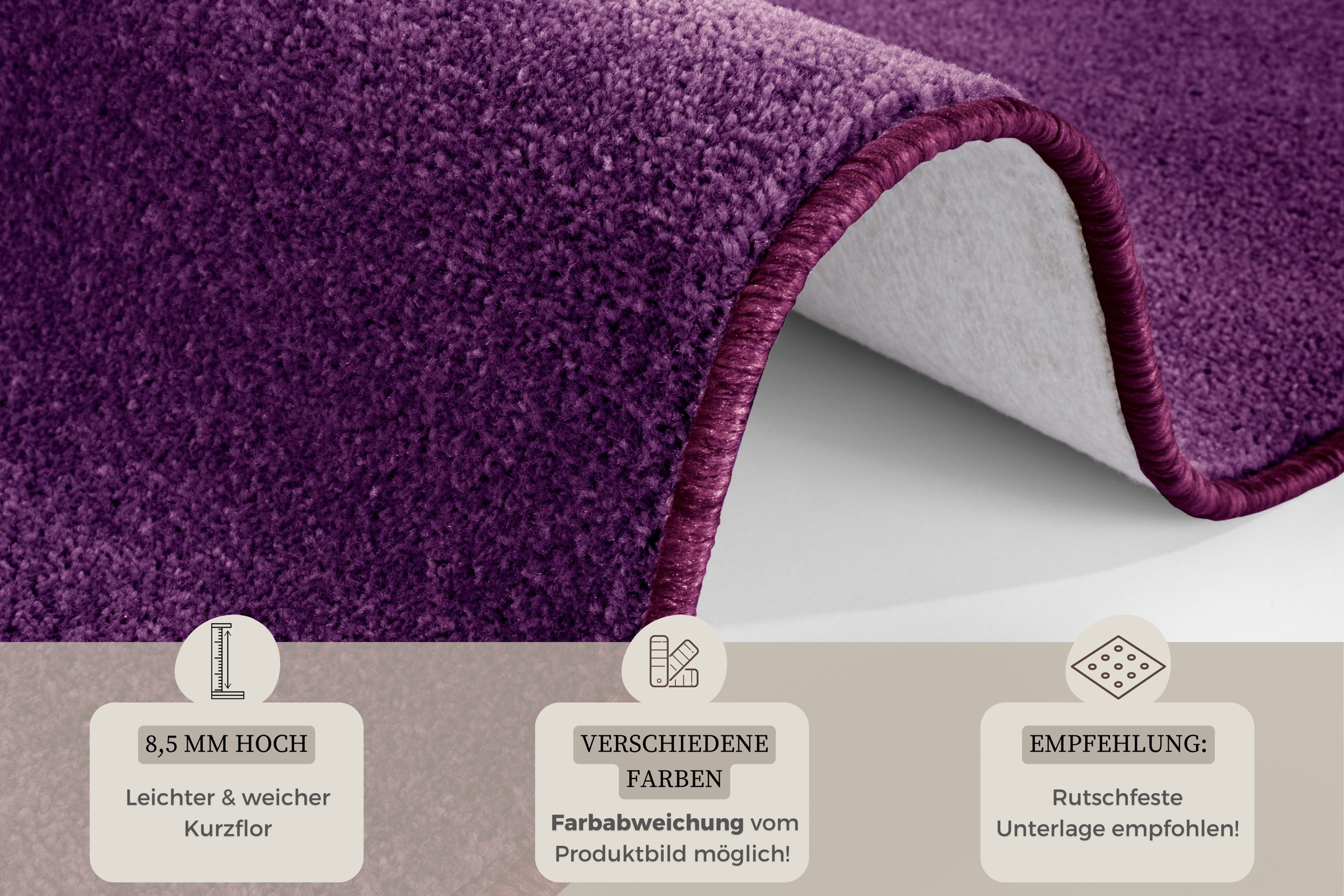 Teppich HANSE HOME "Shashi" Gr. 2, lila, B:80cm H:8,5mm L:150cm, Kunstfaser, Teppiche, Teppich, Kurzflor, Unifarben, Läufer, weich, Esszimmer, Kinderzimmer, Flur 3