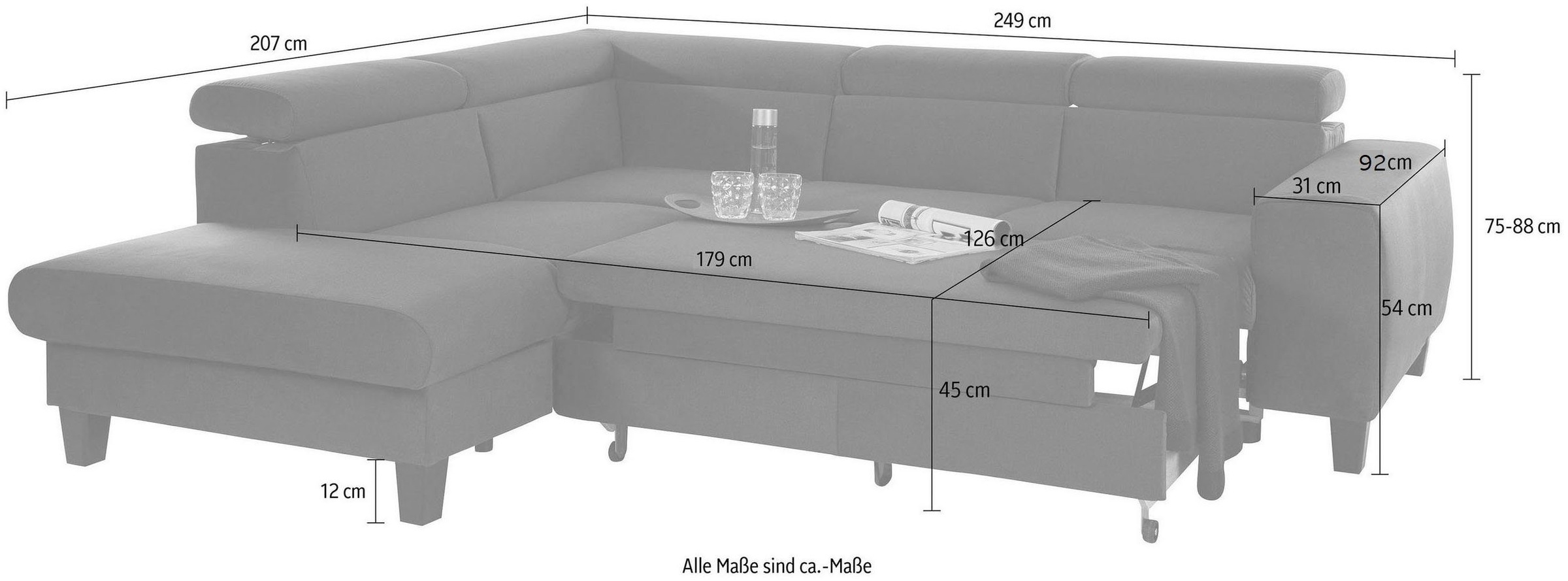 COTTA Polstergarnitur »Morven«, (Set), Set: bestehend aus Ecksofa und Hocker, Kopfteilverstellung