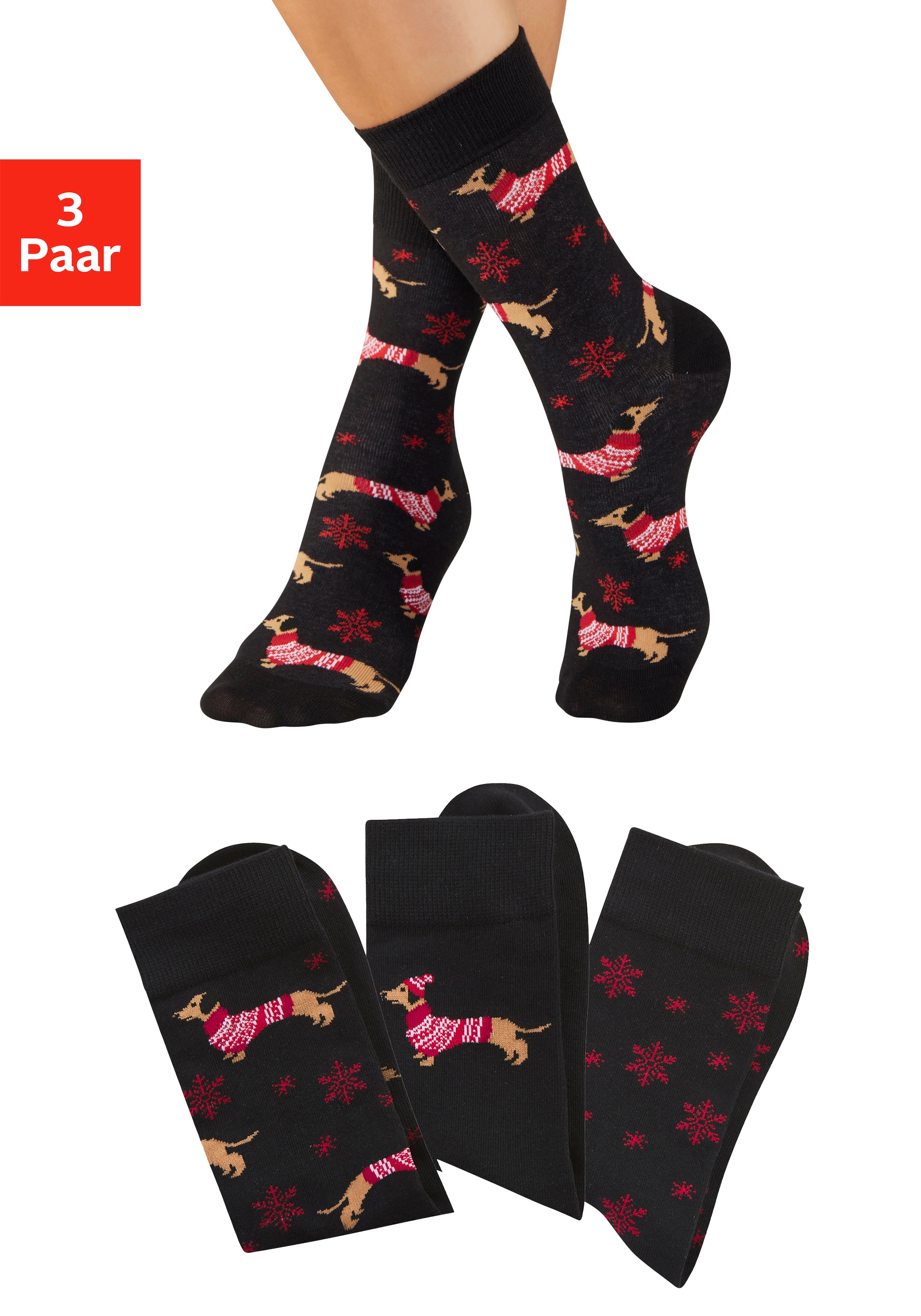 LASCANA Socken Packung, 3 Paar tlg. mit weihnachtlichem Dackelmotiv günstig online kaufen