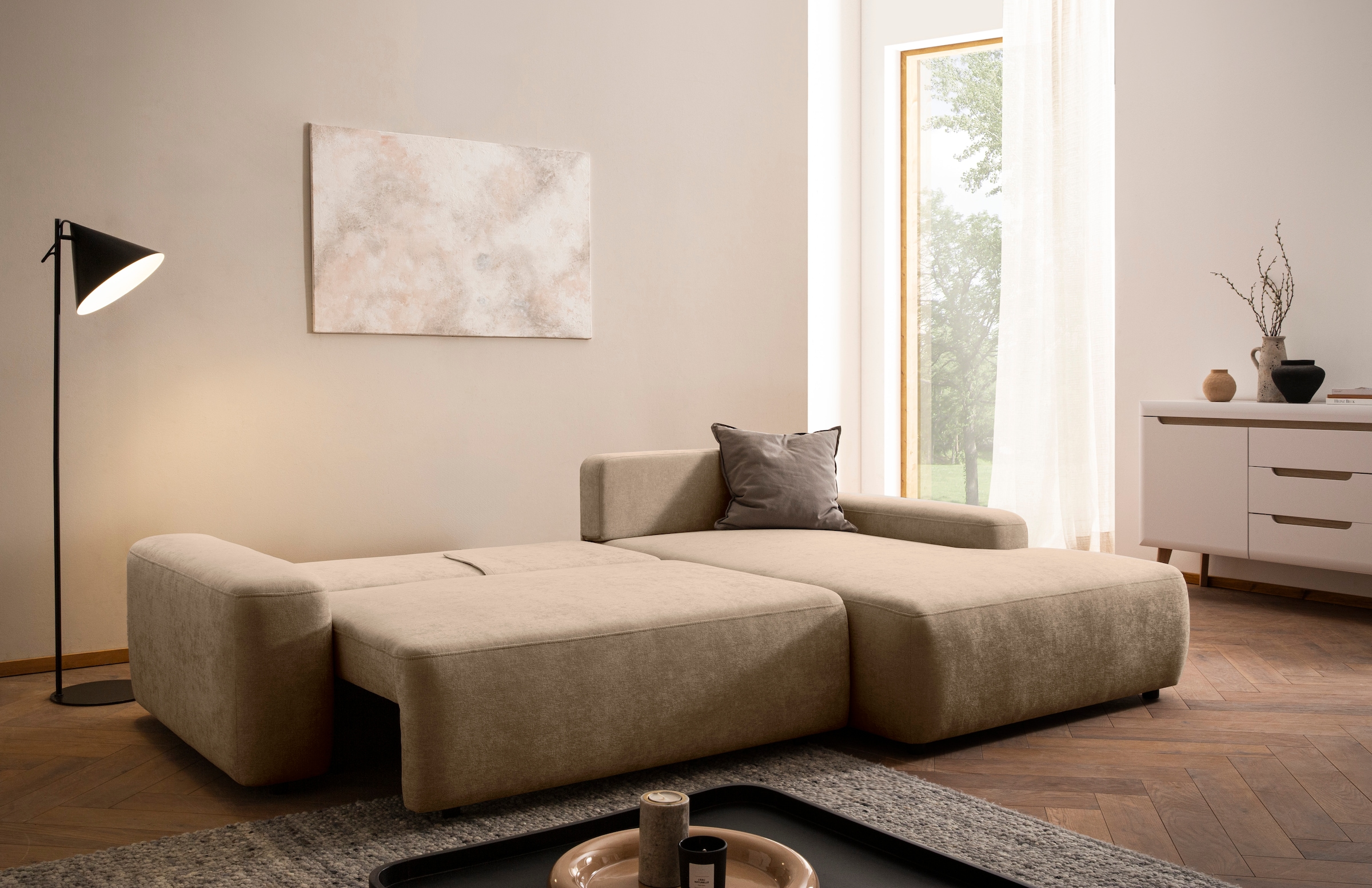 INOSIGN Ecksofa »TORGE (264cm), Schlafsofa in Cord, Samtvelours o Struktur fein, L-Form«, Schlaffunktion, Bettkasten, Liegefläche: 125/210 cm