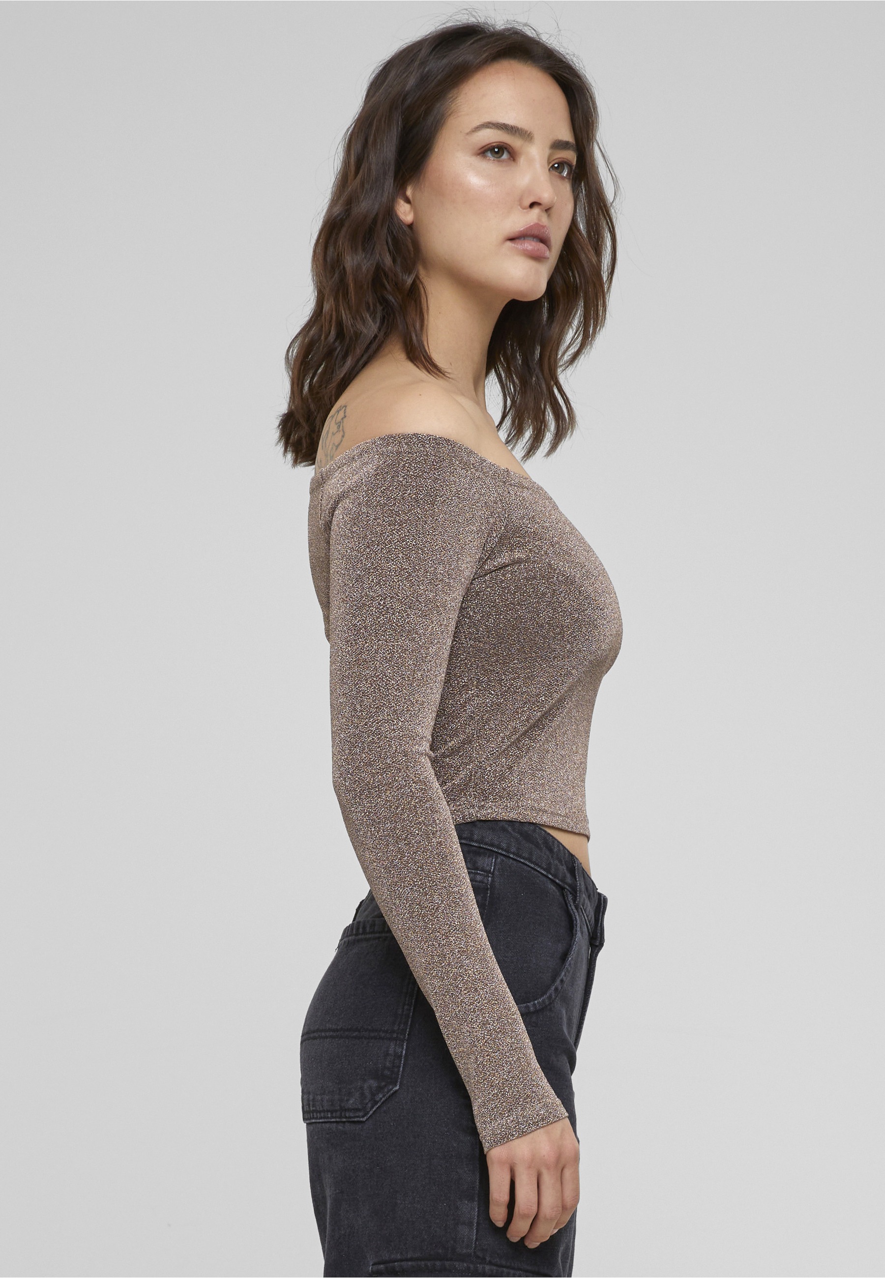 URBAN CLASSICS Longsleeve »Urban Classics Damen Ladies Off Shoulder Glitter Longsleeve« 1 Stk.