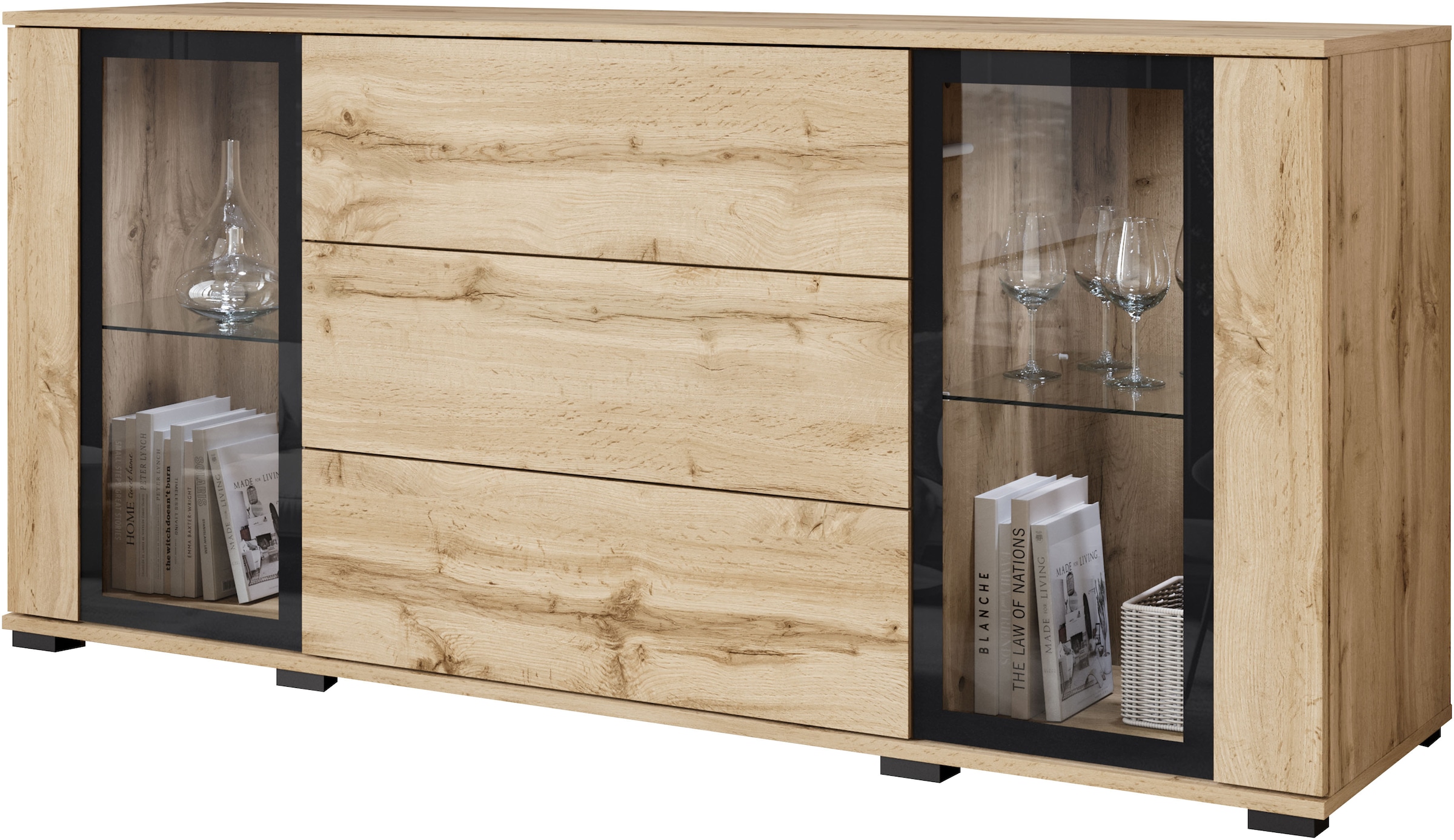 INOSIGN Sideboard »modernes Design mit Glaseinsätzen und 3 Schubladen, Breite 150 cm«, (1 St.), Grifflose Fronten mit Push-to-Open, höhenverstellbare Einlegeböden