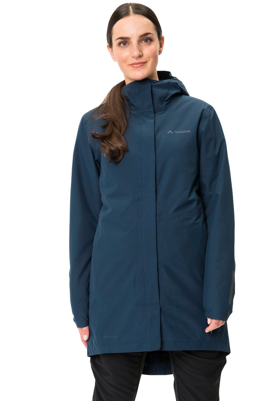 Funktionsmantel VAUDE "WOMEN'S CYCLIST PADDED PARKA II", Damen, Gr. 34, blau (marine), Obermaterial: 100% Polyester. Futter: 100% Polyamid. Wattierung: 100% Polyester, elastischer Bund, Mäntel, wasserdicht, winddicht, atmungsaktiv, mit reflektierenden Det