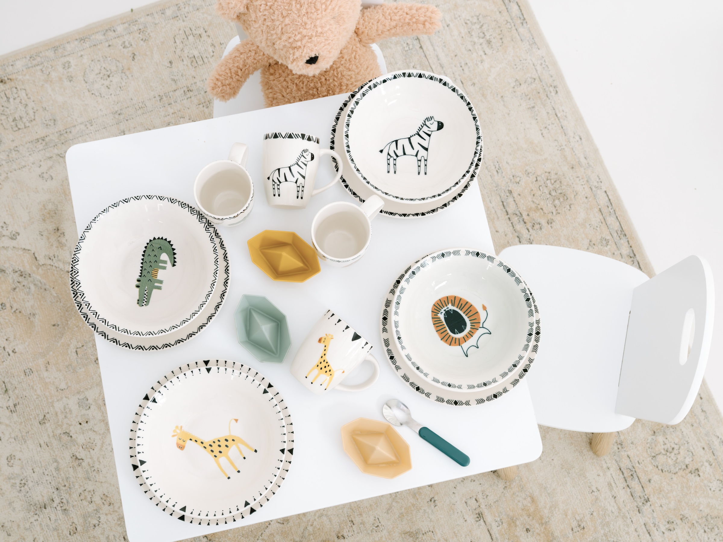 CreaTable Kindergeschirr-Set »Safari Löwe, Kinder Set 3-tlg.« gezeichnete Tiermotive, skandinavischer Stil, Ethno-Style Motive