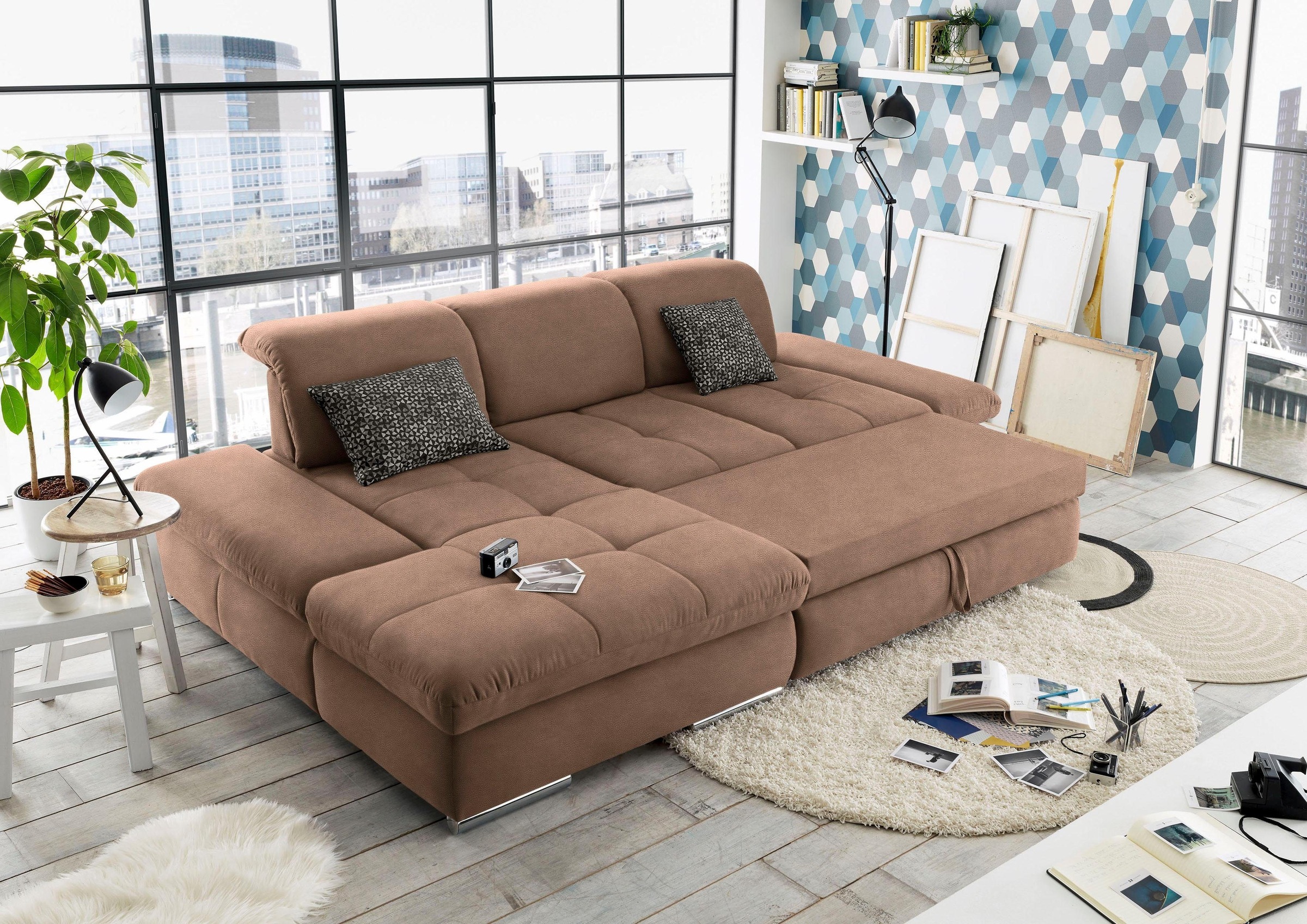 set one by Musterring Ecksofa »SO4100 V«, mit verstellbaren Kopfteilen, wahlweise mit Funktionen, Cord-Bezug