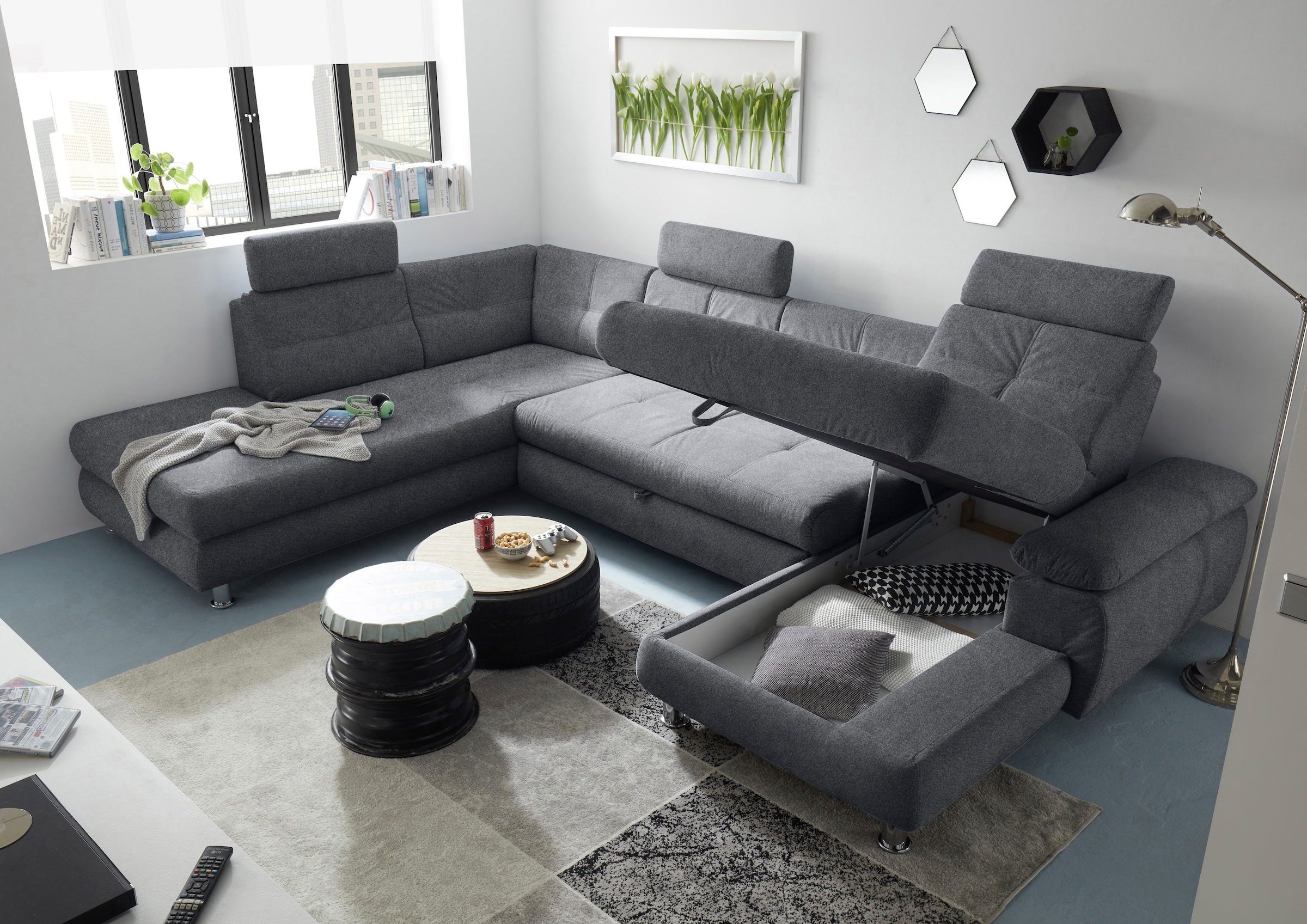 ED EXCITING DESIGN Wohnlandschaft »Alba U-Form«, mit Bettfunktion, Bettkasten, Armteilverstellung & Kopfstützen