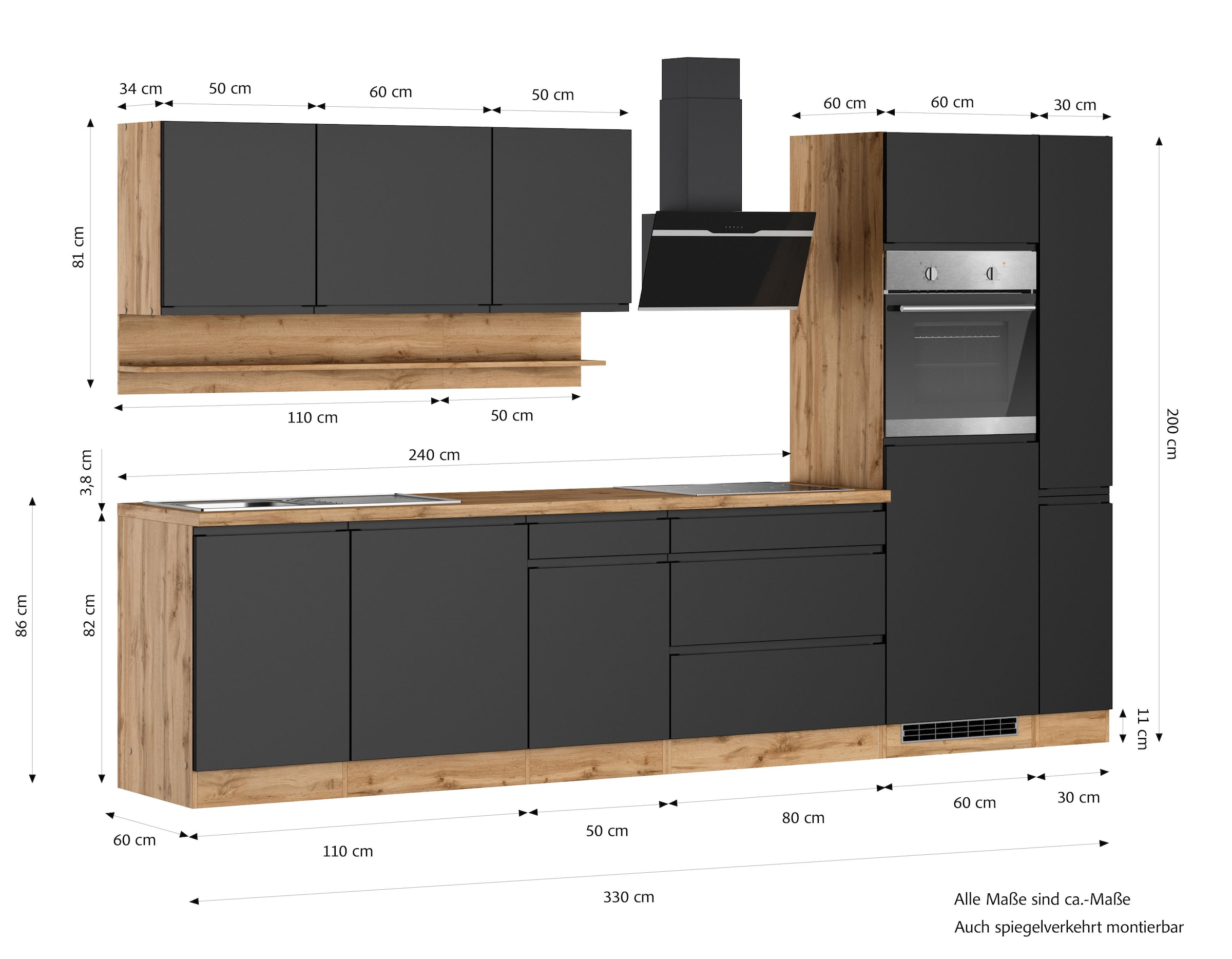 KOCHSTATION Küchenzeile »KS-Virginia,neu in verbesserter Ausführung« Arbeitsplatte 38 mm stark, Stauraum, Softclose,  Breite 330 cm, Soft-Close, ohne E-Geräte
