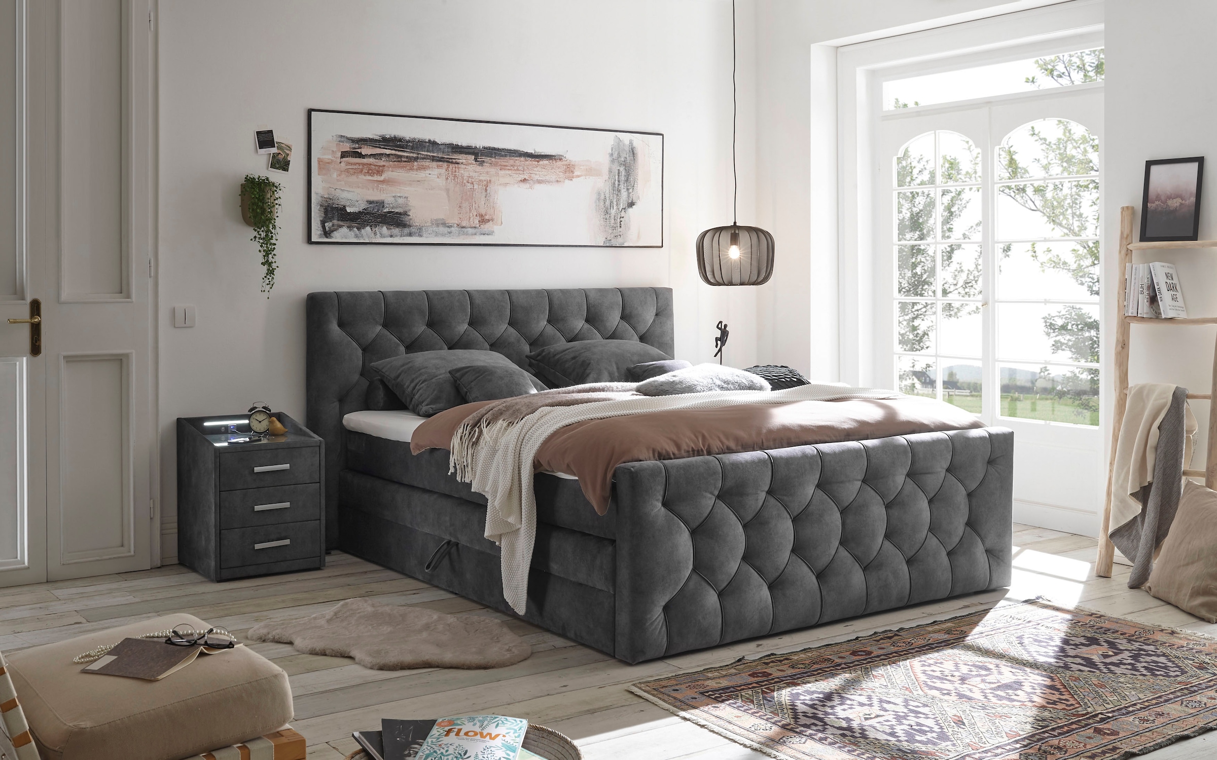 ED EXCITING DESIGN "CASHFIELD, Doppelbett mit Bettkasten und Taschenfederkernmatratze H3" mit 6cm Kaltschaum-Topper mit Klimaband, Microvelours-Bezug