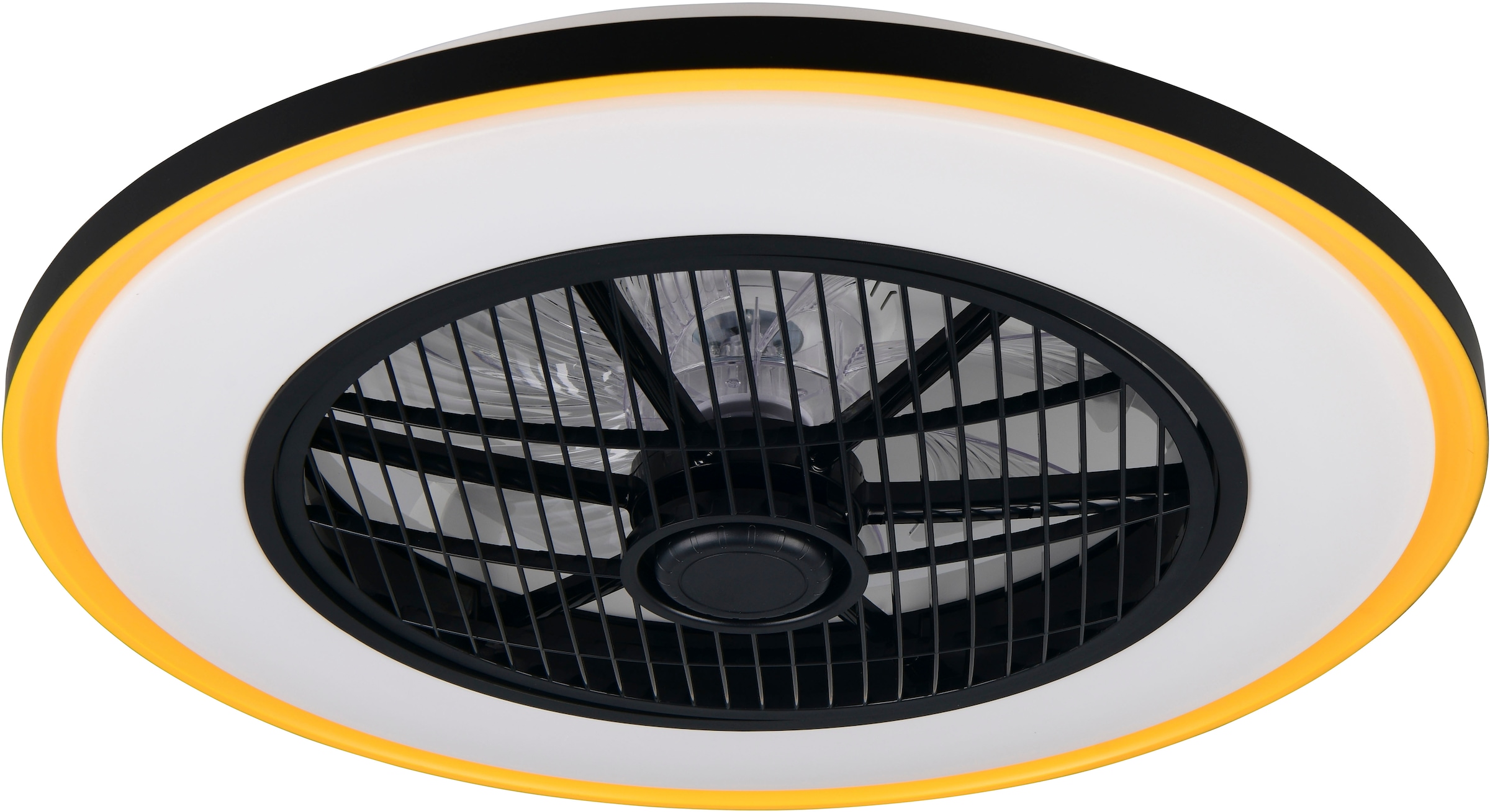 REALITY Leuchten LED Deckenleuchte »VARPULA mit Ventilator, oszillierender Deckenventilator +Licht 28W LED« LED-Board 1 Stk. Farbwechsler | warmweiß - kaltweiß 6 Stufen Ventilator, CCT LED dimmbar Fernbedienung Schirm schwarz-gold