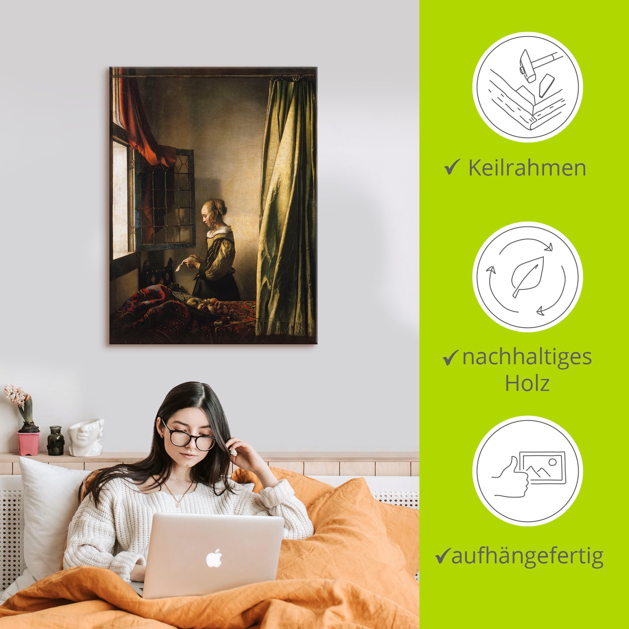 Artland Wandbild »Briefleserin am offenen Fenster. Um 1658«, Frau, (1 St.), als Leinwandbild, Poster, Wandaufkleber in verschied. Größen
