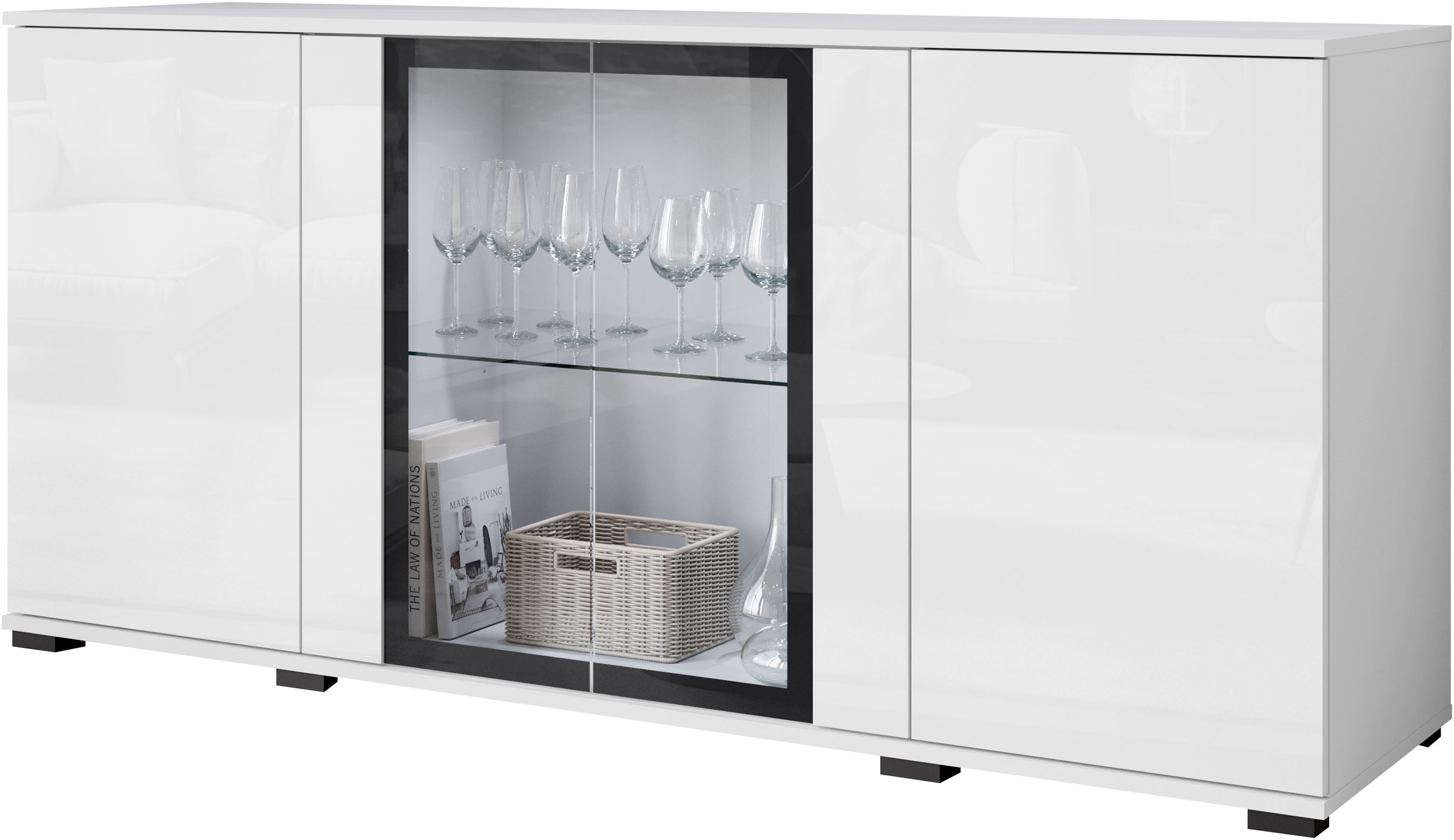 INOSIGN Sideboard »Caro, modernes Design mit Glaseinsätzen, Breite 150 cm«, (1 St.), Grifflose Fronten mit Push-to-Open, höhenverstellbare Einlegeböden