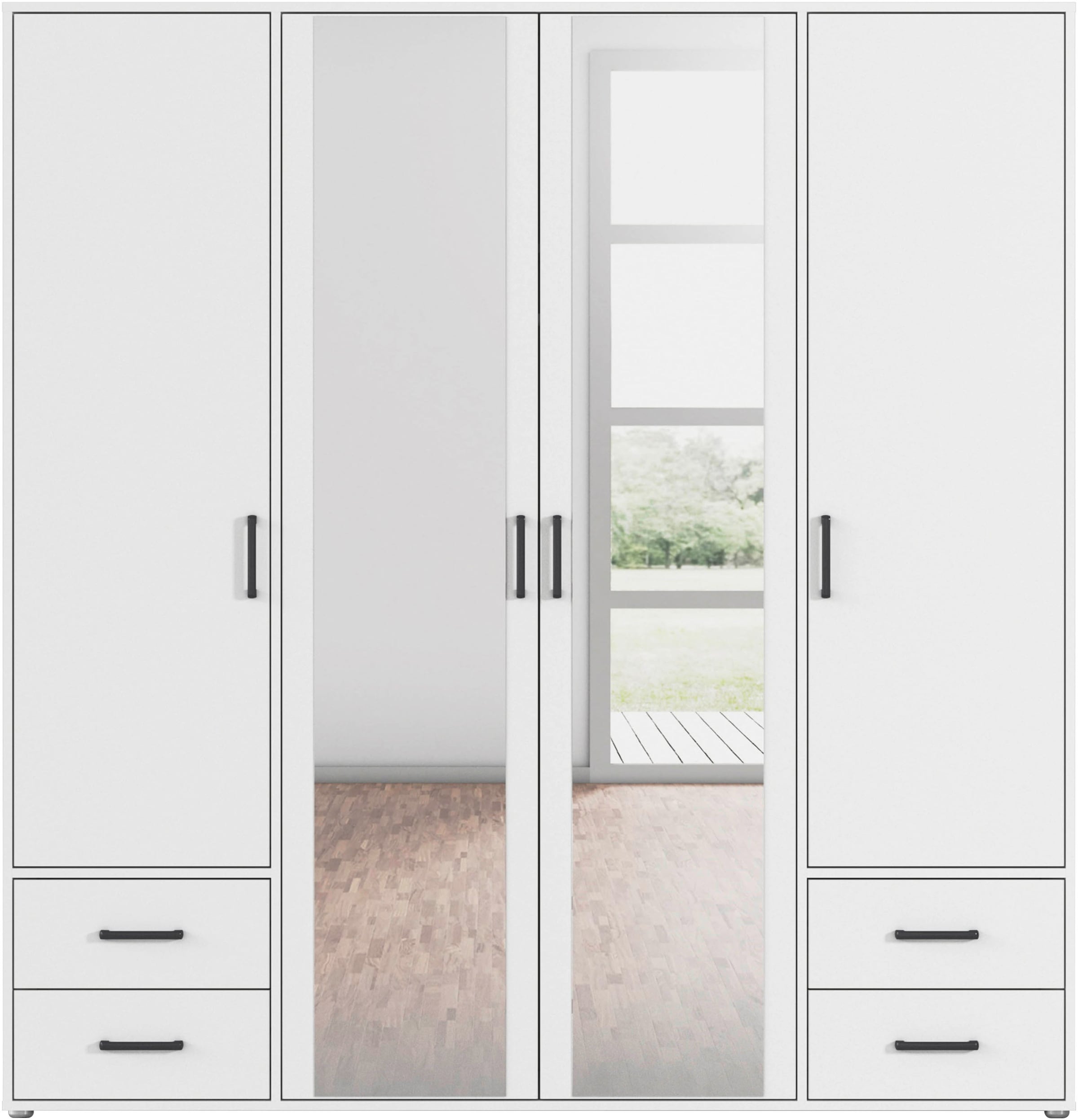 rauch Drehtürenschrank »Kleiderschrank Schrank Garderobe Wäscheschrank VOYAGER«, (in 3 verschiedenen Ausstattungen BASIC/CLASSIC/PREMIUM), mit modernen Griffen in Graumetallic, inkl. Schubkästen und Spiegel