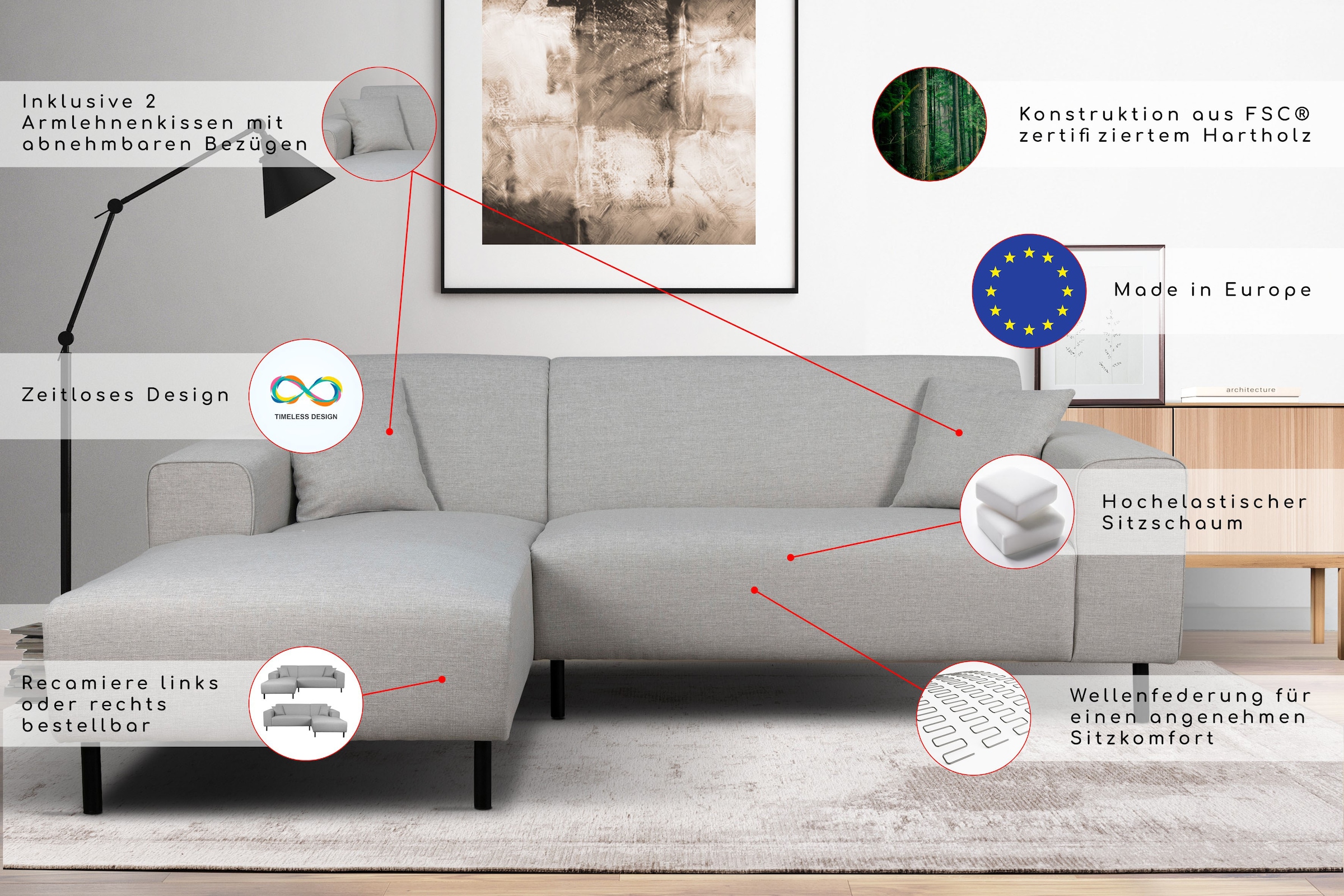 Home affaire Ecksofa »ARROS L-Form mit Wellenunterfederung, Maße B/T/H: 235/163/81 cm«, incl. Zierkissen, mit Recamiere rechts/links bestellbar, auch in Cord