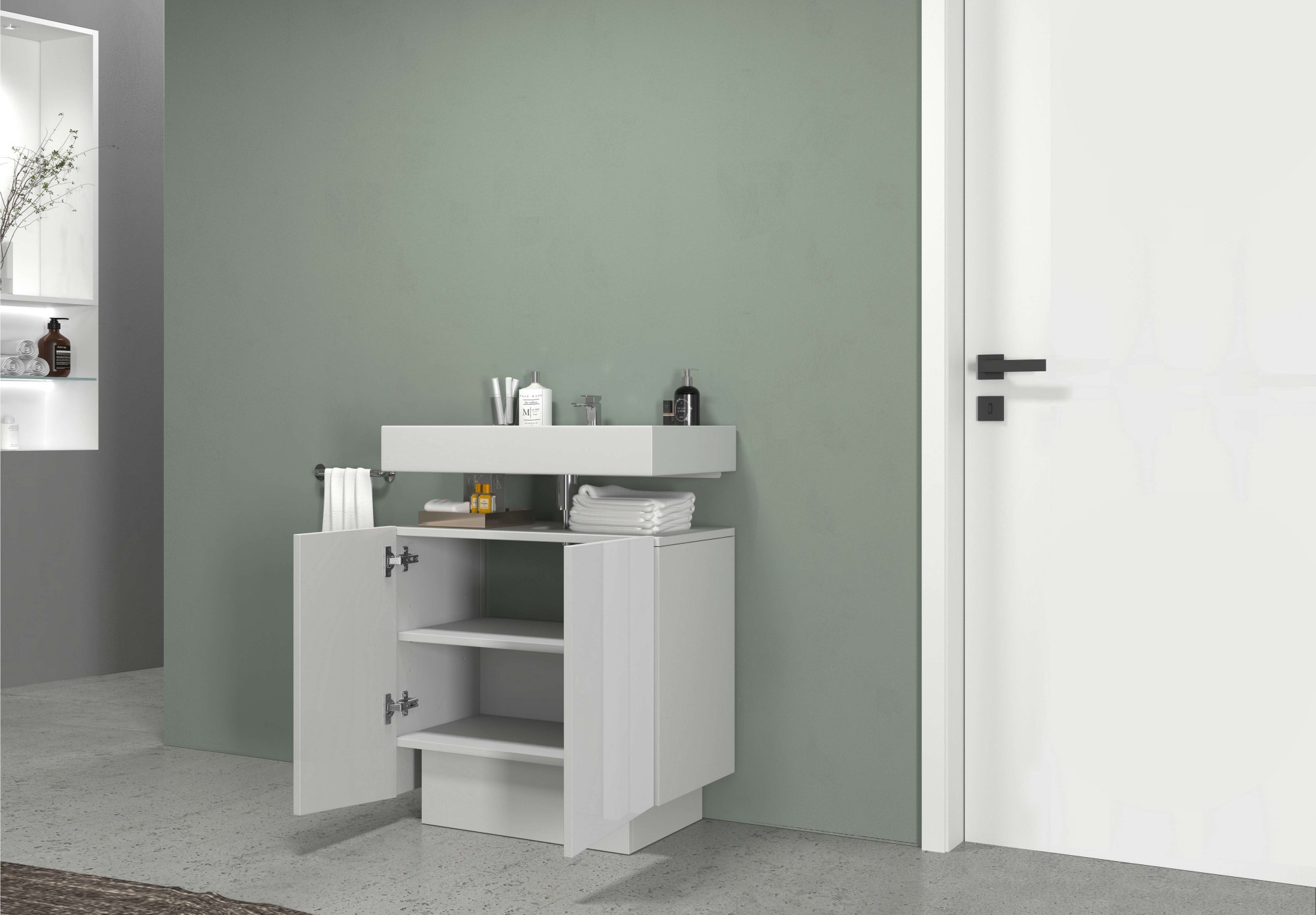 welltime Waschbeckenunterschrank »Vela,Breite 60cm, 2 Türen, 2 Fächer, mit Siphonausschnitt, lackiert« 1 Stk. tlg. Waschbeckenunterschrank,Waschtisch,Design mit schrägen Türen