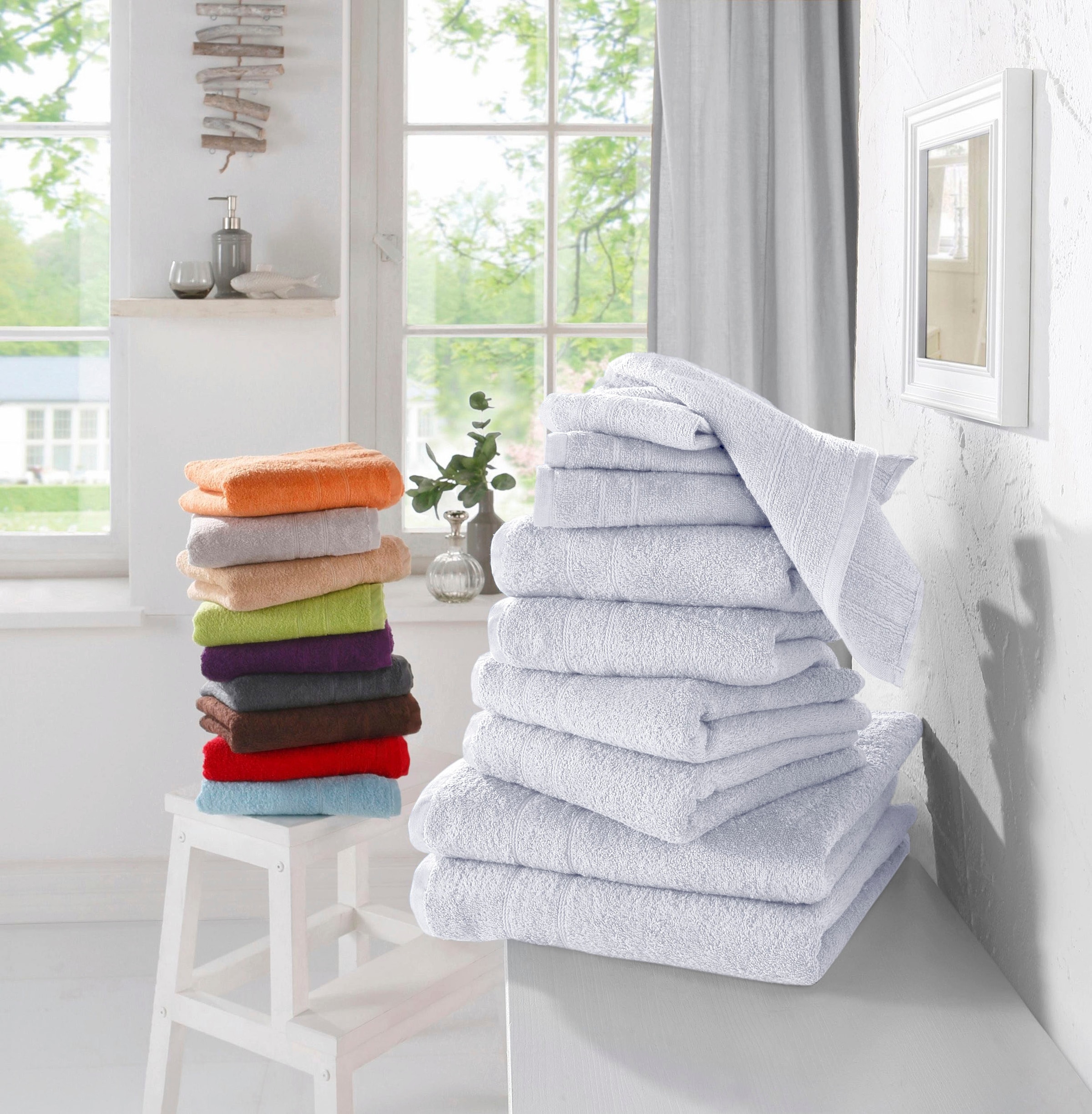 my home Handtuch Set »Inga, Duschtücher, Handtücher, Gästetücher, Seiftücher«, 10 tlg., Walkfrottee, Handtücher mit feiner Bordüre, 100% Baumwolle, einfarbig, weich