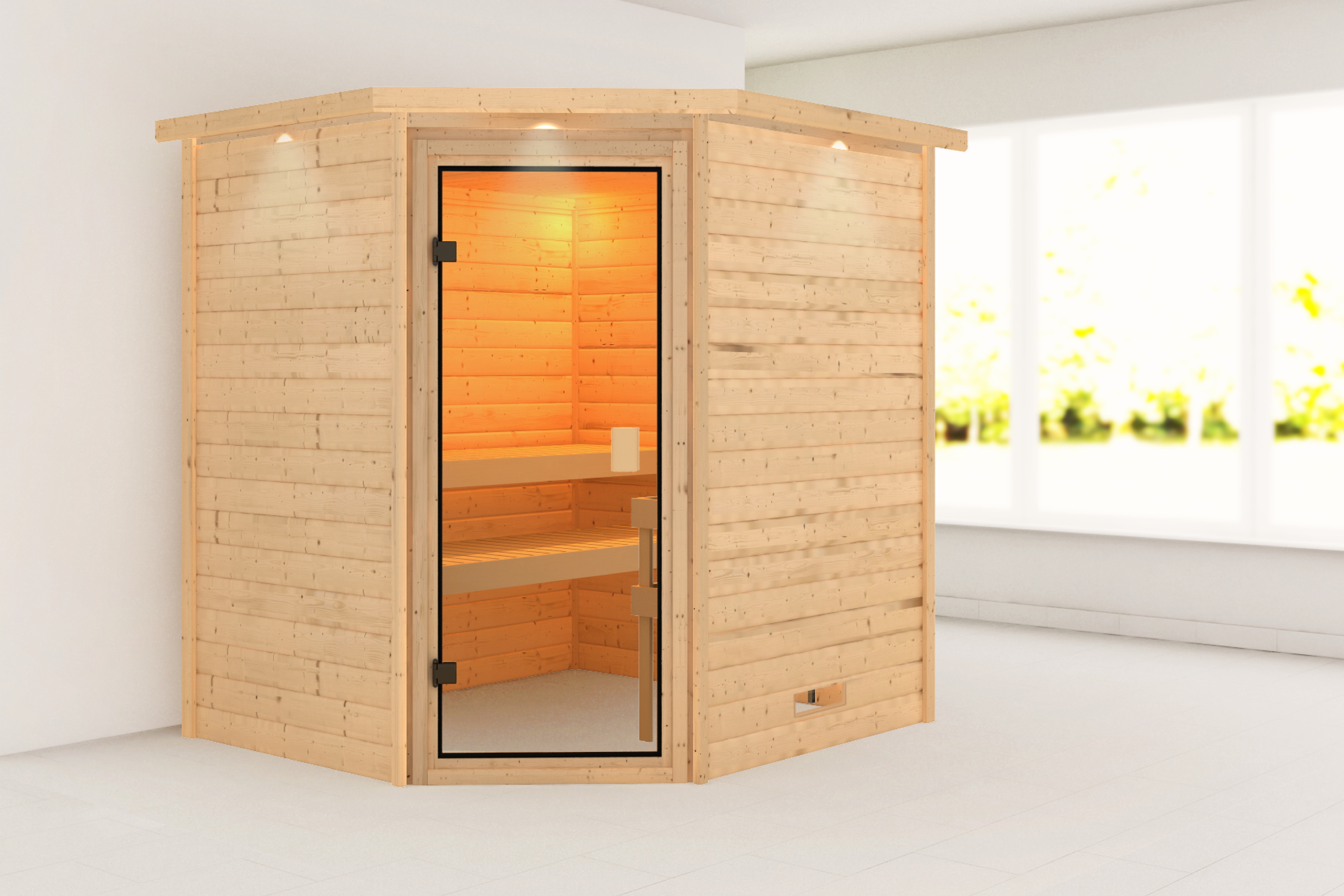 Karibu Sauna ""Trixi" mit bronzierter Tür und Kranz, naturbelassen" aus hochwertiger nordischer Fichte