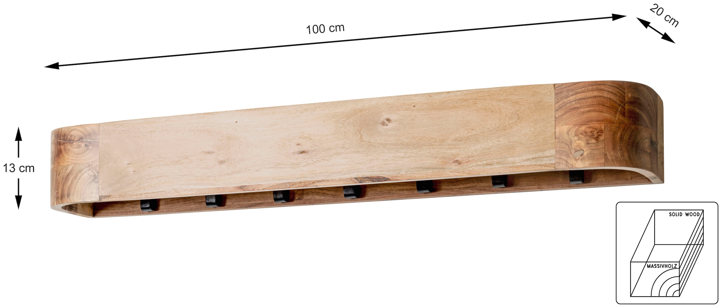 HAKU Wandgarderobe »Wandgarderobe« 1 Stk. tlg. rechteckig - aus Massivholz Braun - B/T/H 100/20/13 cm