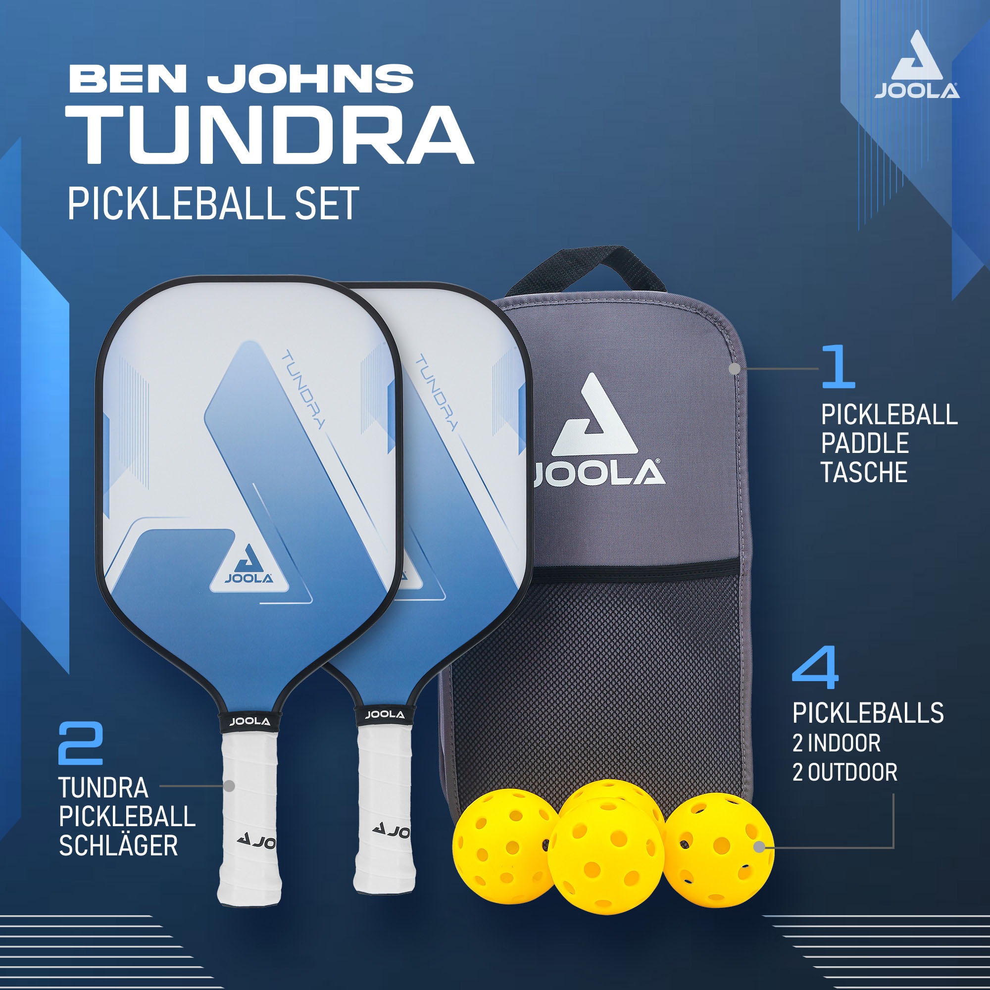 Joola Pickleballschläger »Tundra Pickleball Set« Inklusive 2 Schläger, 4 Bällen und Tasche, ideal für Freizeitspieler