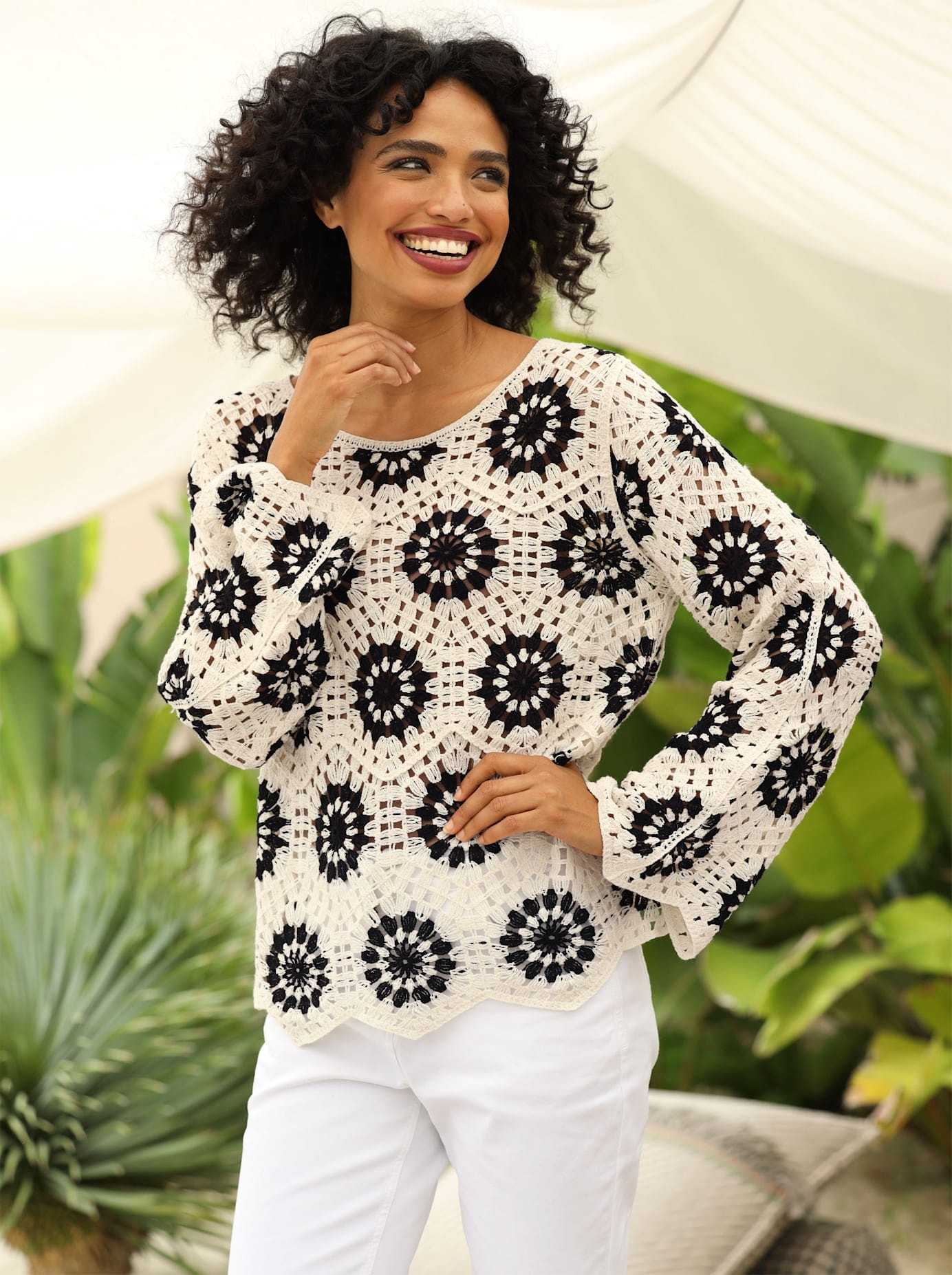 Strickpullover HEINE "Pullover", Damen, Gr. 48/50, ecru, schwarz, gemustert, 100% Baumwolle, geblümt, gemustert, mehrfarbig, Pullover Strickpullover