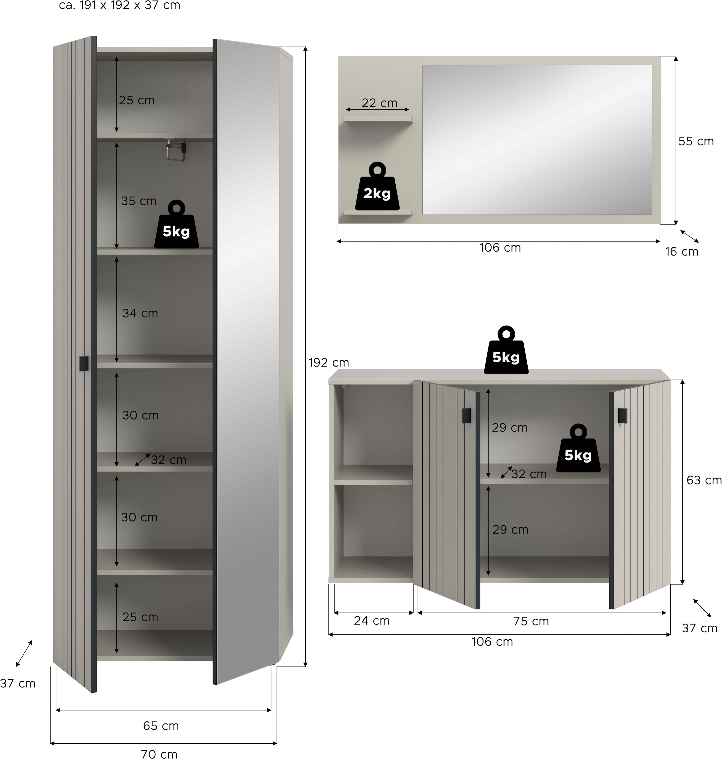 INOSIGN Garderoben-Set »TATIO, 3-tlg. Garderobenkombination, Breite: 191 cm, Rillenfräsung« Set, Set, best. aus: 1 Spiegel, 1 Garderobenschrank, 1 Schuhkommode, 3 Stk. tlg.