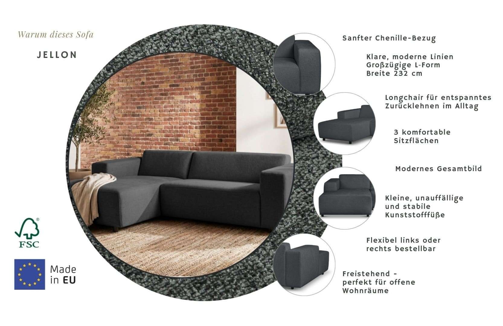 OTTO home Ecksofa »Jellon kompakte Eckcouch« Breite 232 cm, L-Form, Chenille, mit Welleunterfederung