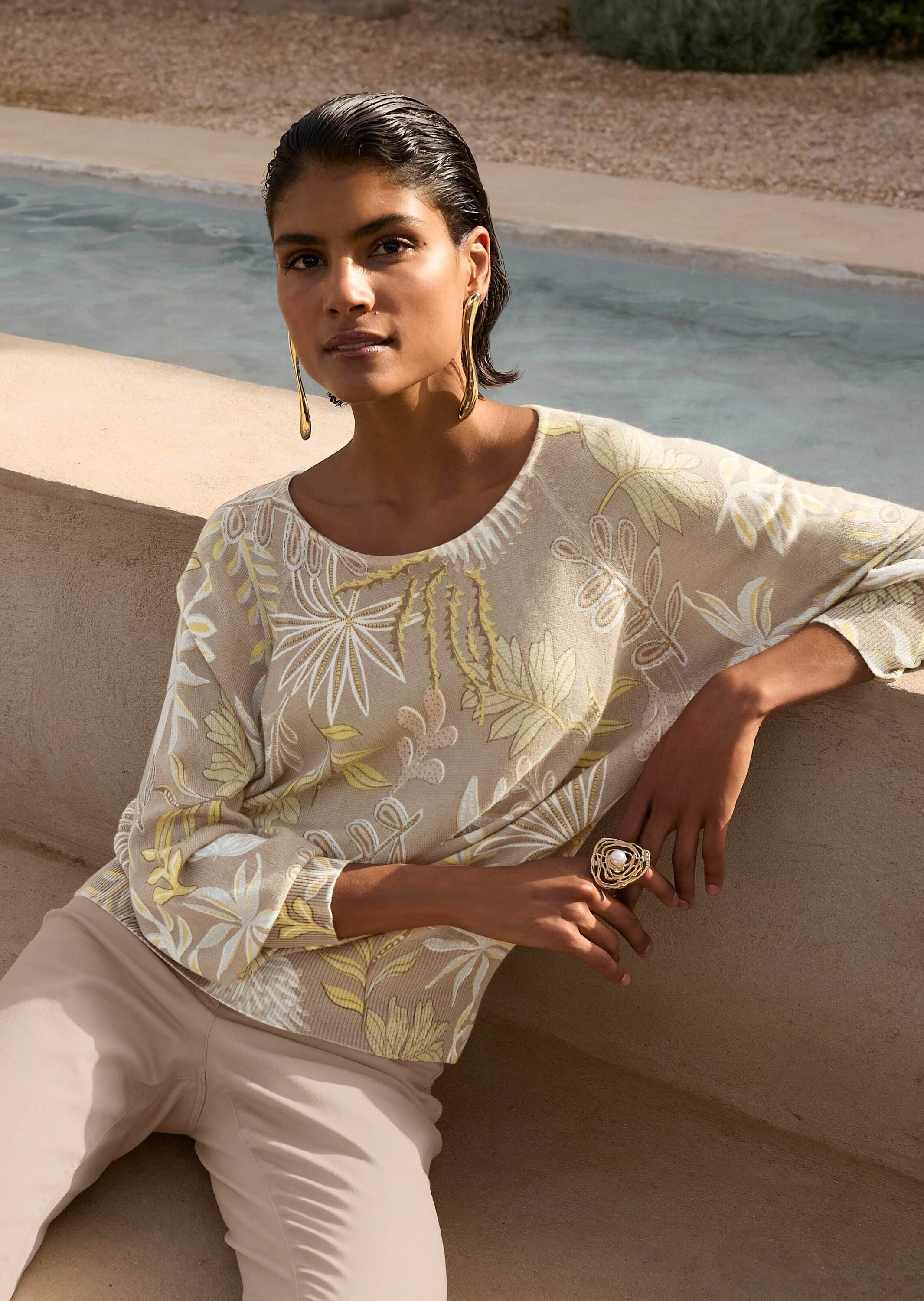 MADELEINE Longpullover »Kaschmirpullover Sommerpullover mit Blättermuster« Sanftes Blättermuster