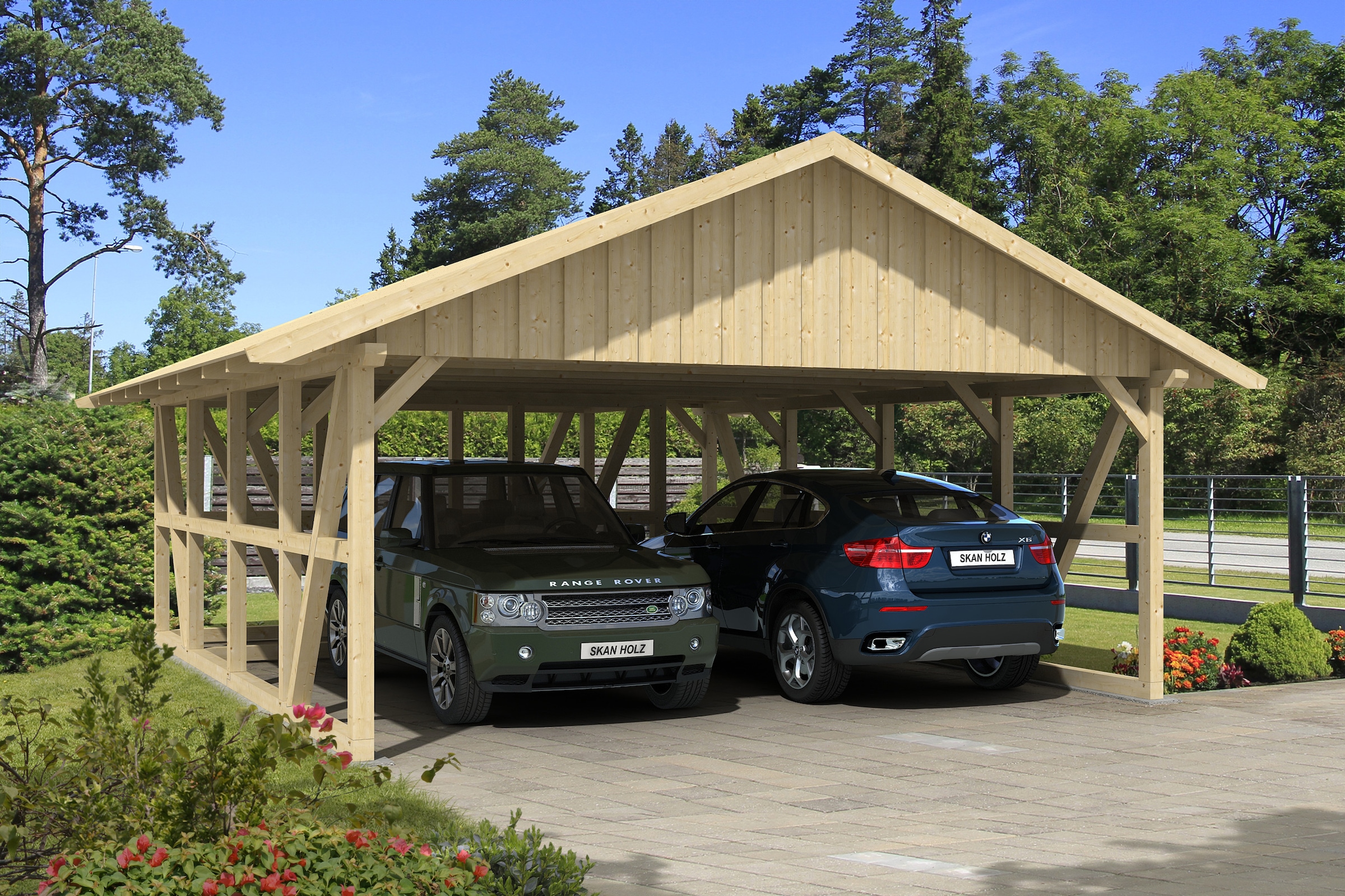 Skanholz Doppelcarport »Schwarzwald«, KVH-Fichte, 560 cm, Natur, mit Abstellraum 2, mit Dachschalung