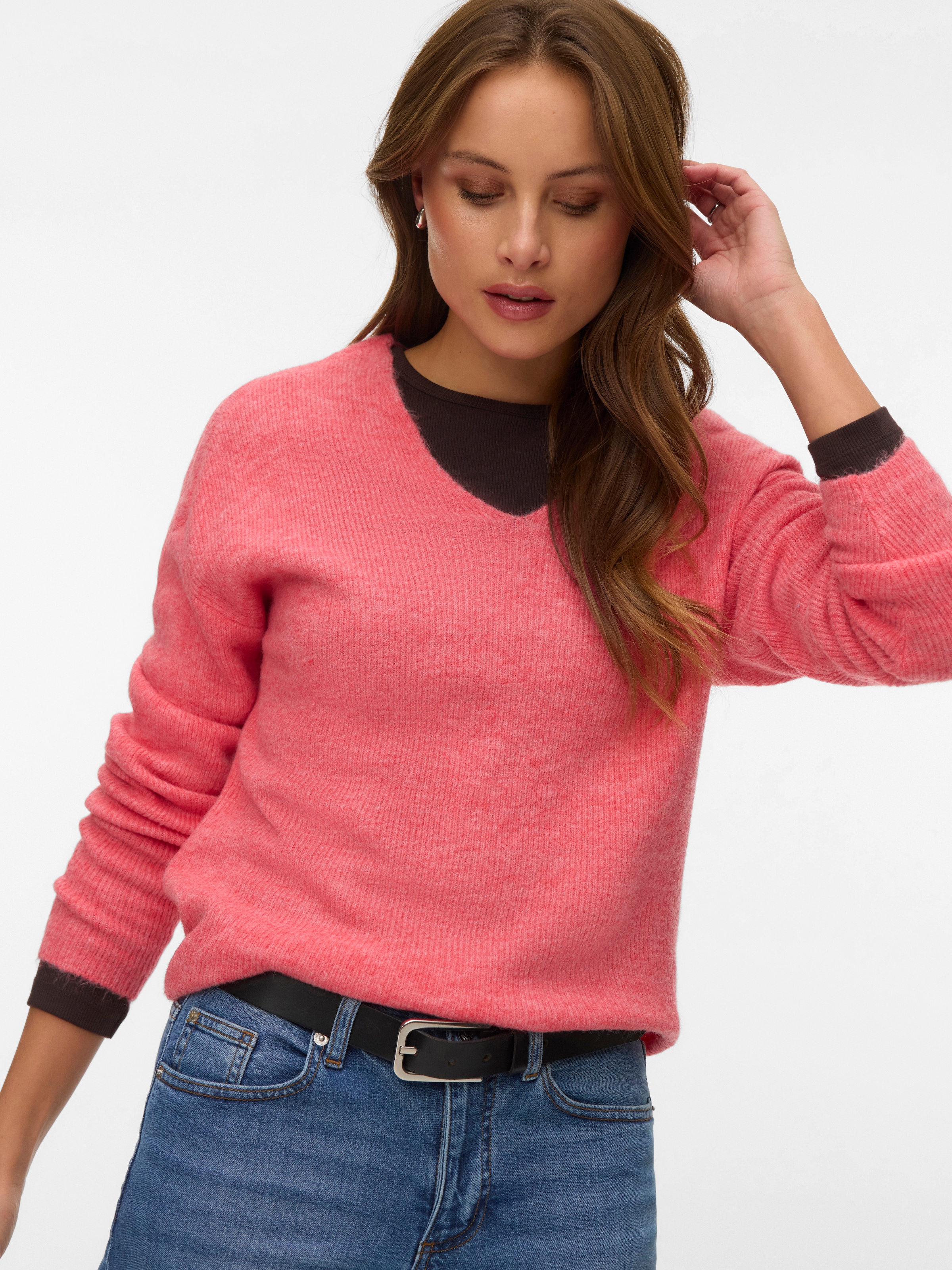Vero Moda V-Ausschnitt-Pullover "VMCREWLEFILE LS V-NECK BLOUSE NOOS" Materialmix, loose fit