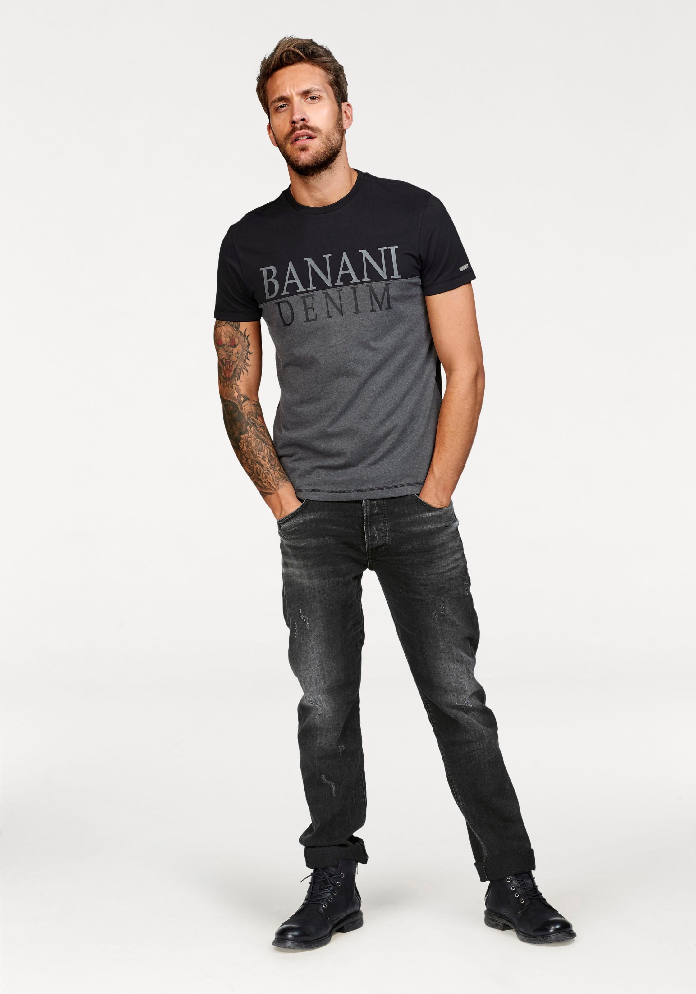 T-Shirt BRUNO BANANI, Herren, Gr. L (52/54), schwarz (schwarz, grau), Single Jersey, Obermaterial: 100% Baumwolle. Vorderteil: 60% Baumwolle, 40% Polyester, bedruckt, mehrfarbig, schmal, Rundhals, Shirts T-Shirt, kurzärmelig, schmal geschnitten, Casual-St 3