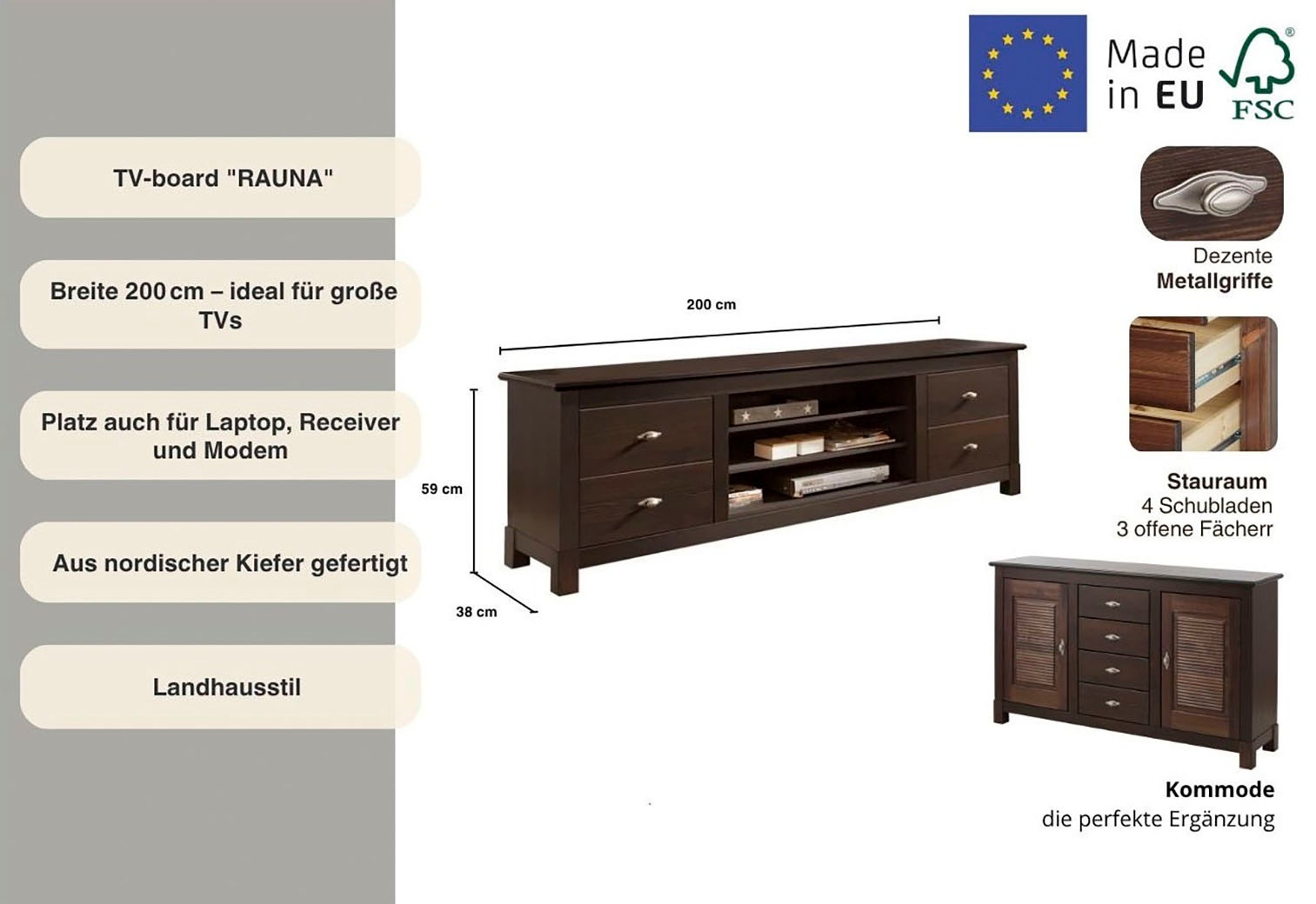 Thumbnail - Home affaire Lowboard "Rauna", Kommode, Breite 200 cm, FSC-zertifiziertes Massivholz