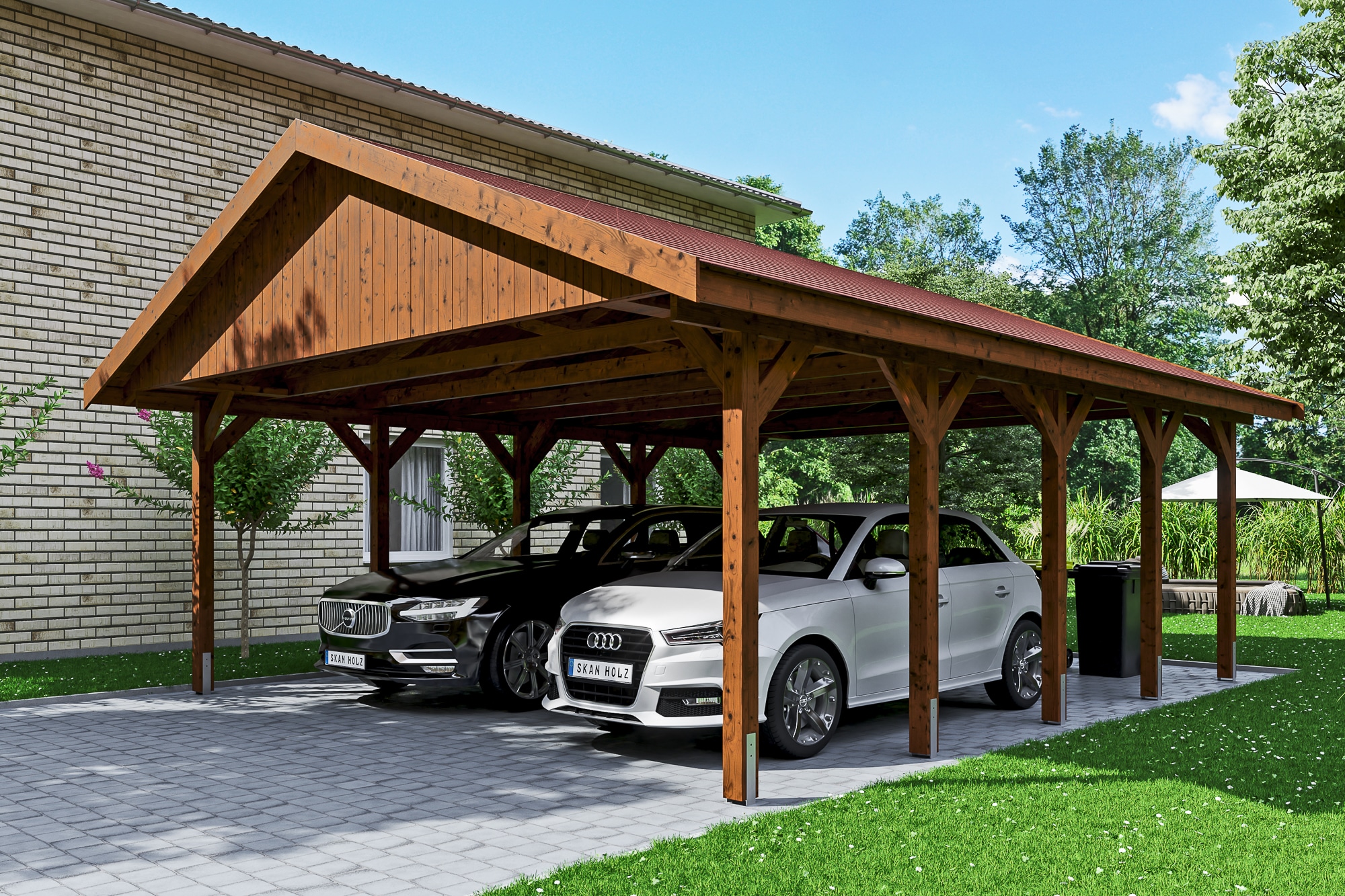 Skanholz Doppelcarport »Wallgau«, Nadelholz, 530 cm, Nussbaum, mit roten Dachschindeln