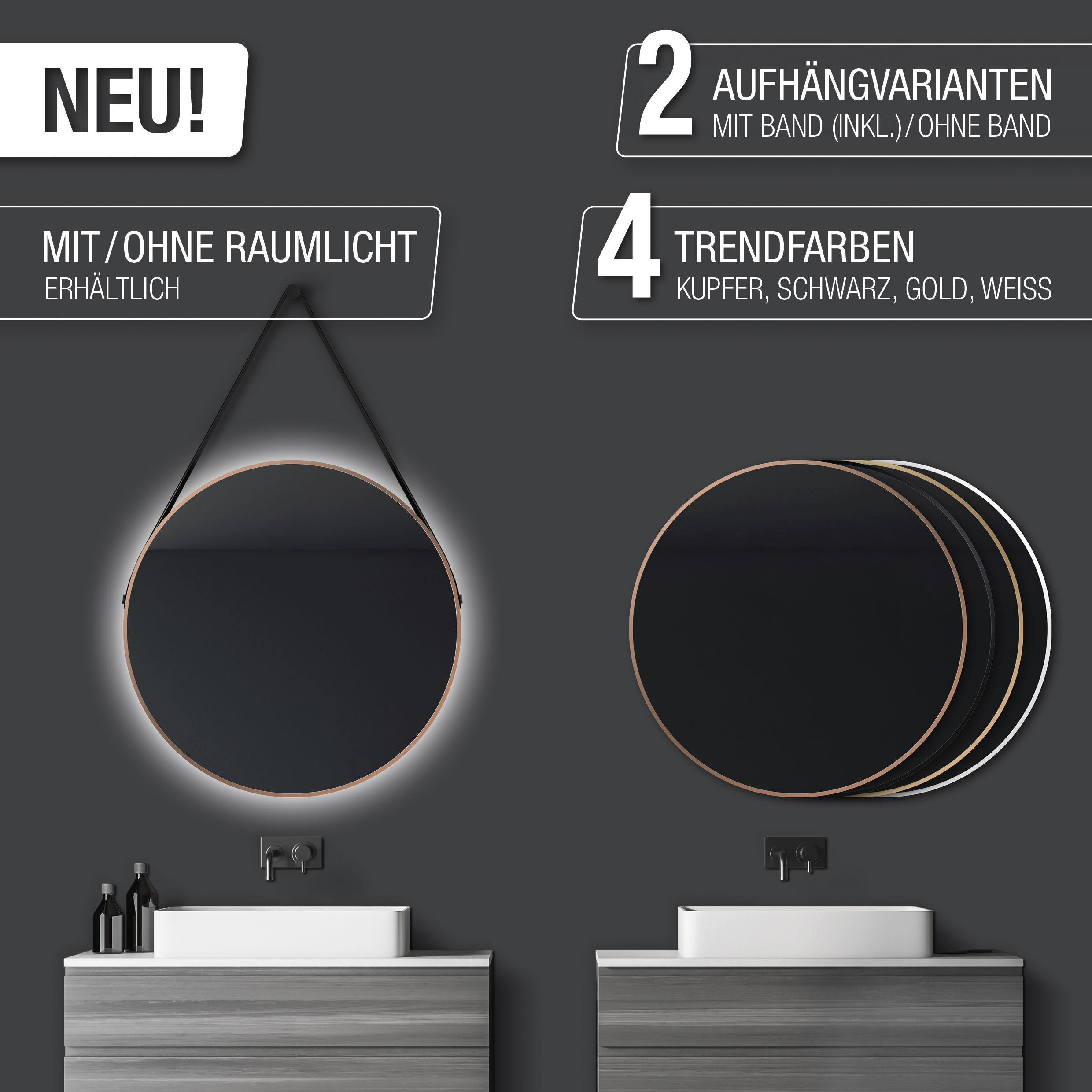 Thumbnail - Talos LED-Lichtspiegel, rund, mit indirekter LED Beleuchtung, matt Ø 80 cm